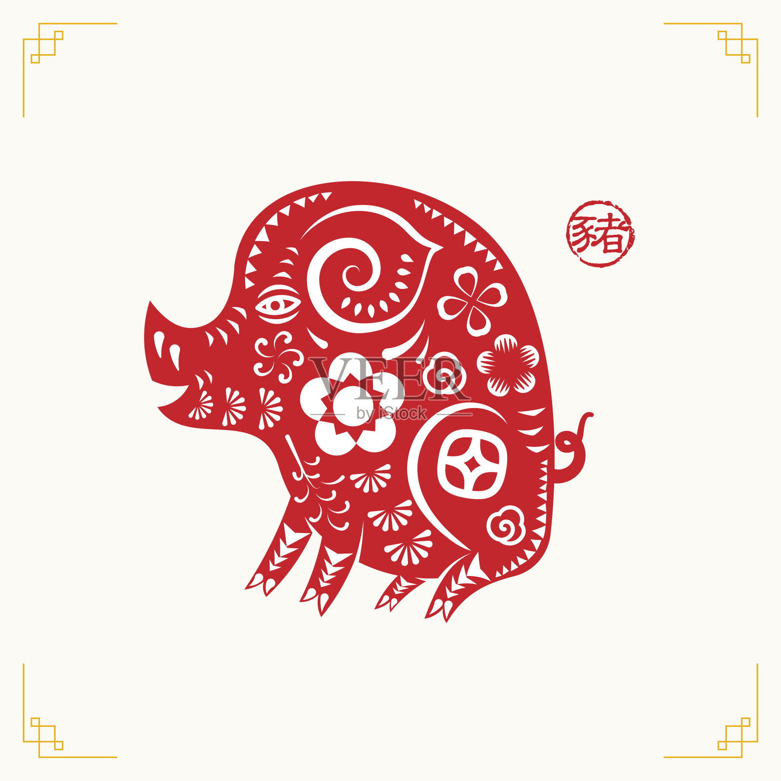 2019年猪年新春快乐剪纸风格。汉字代表猪，十二生肖代表贺卡、传单、邀请函、海报、宣传册、横幅、日历。插画图片素材
