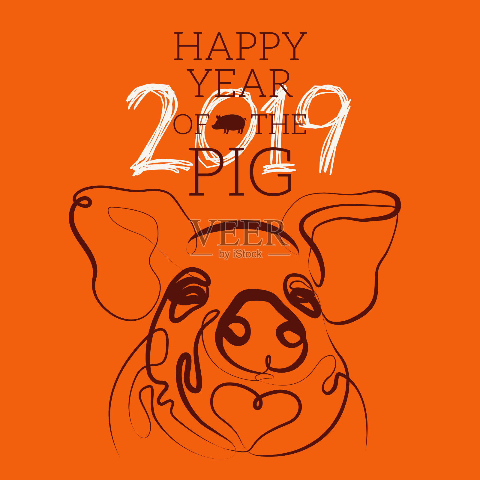 2019年猪年贺卡，笔画简洁插画图片素材
