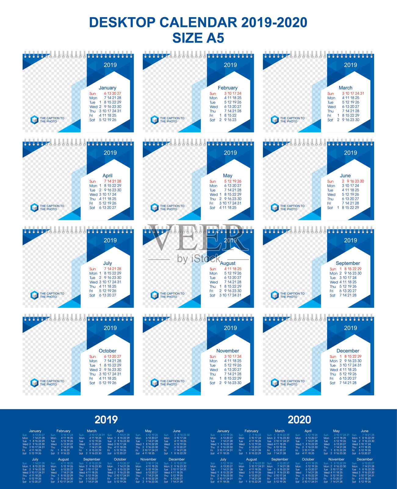 12个月台历，2019-2020年，现代平面设计，A5照片和文字模板，蓝色几何背景插画图片素材