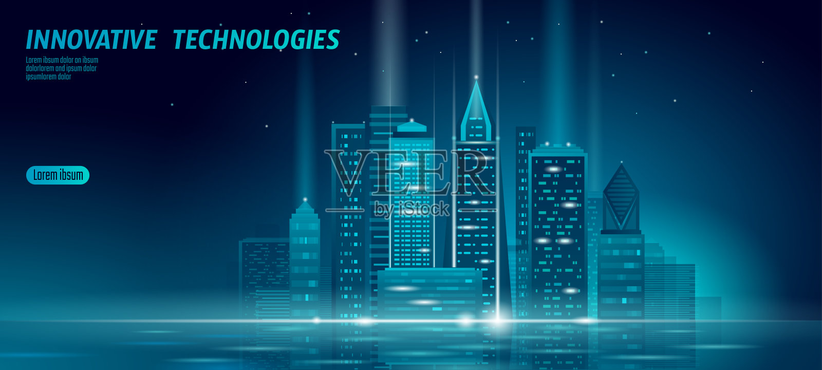 智慧城市3D霓虹闪烁的城市景观。智能楼宇自动化夜未来商业理念。网络在线蓝色未来技术。城市旗帜矢量图插画图片素材