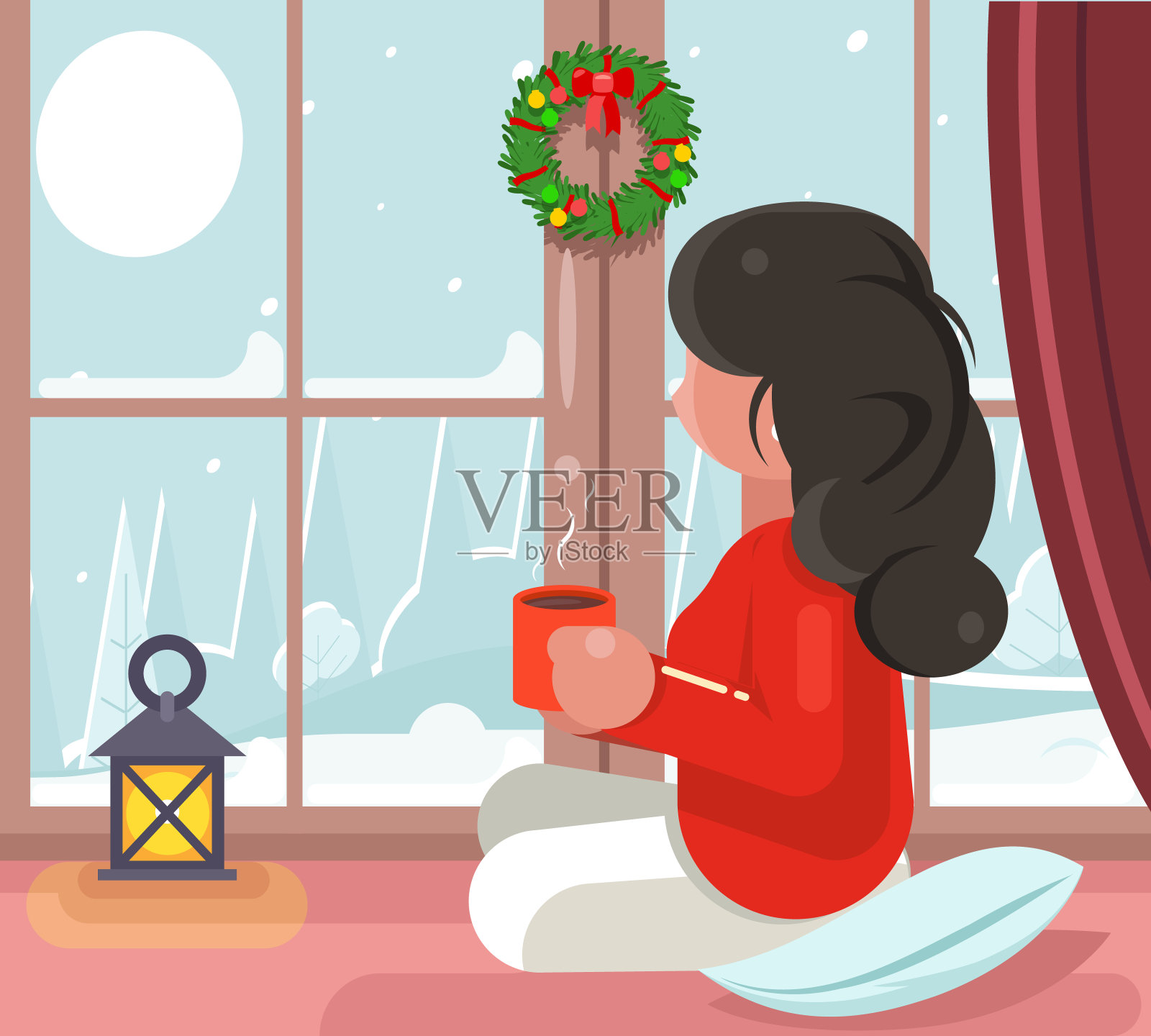 女孩坐窗，雪，冬天背景，热饮，茶，咖啡杯，平面设计矢量插图插画图片素材
