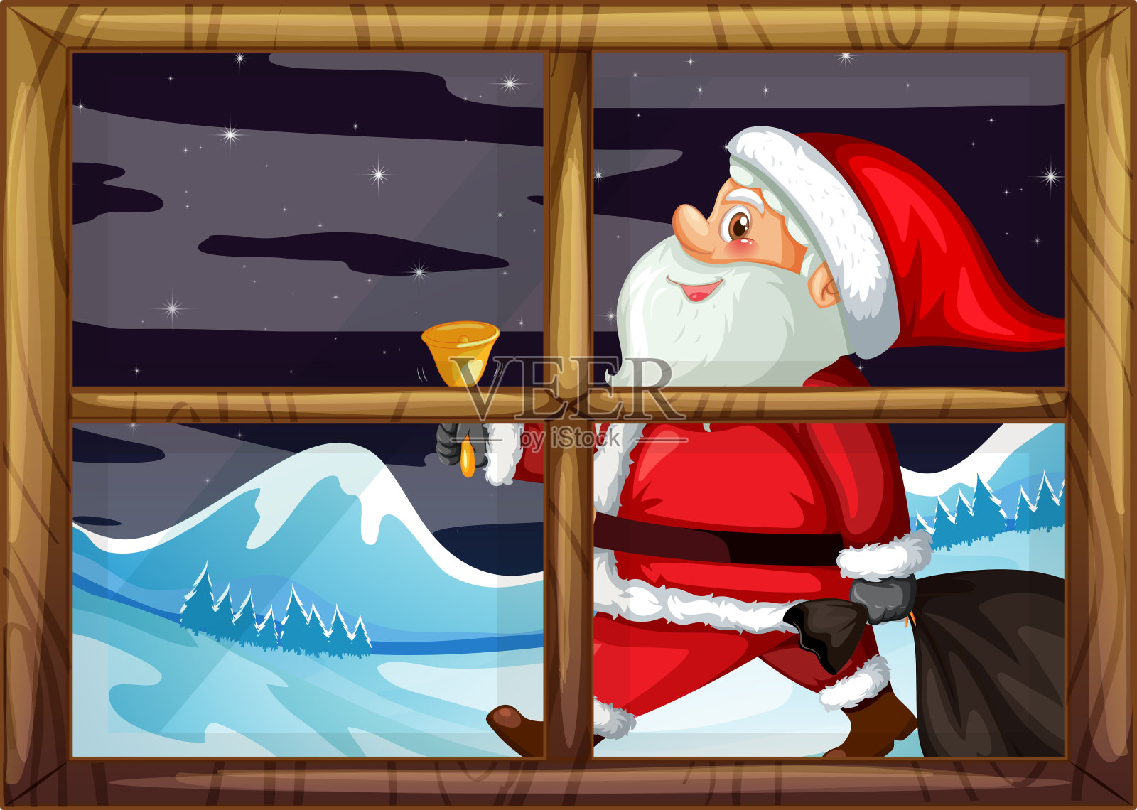 圣诞老人在窗外送礼物插画图片素材