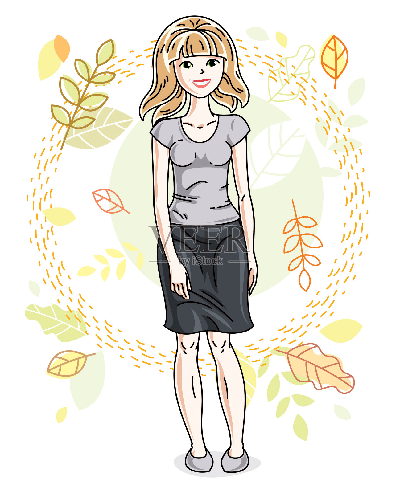 迷人的年轻金发女子站在秋天的风景和穿着时尚的休闲衣服的背景。矢量插图。插画图片素材