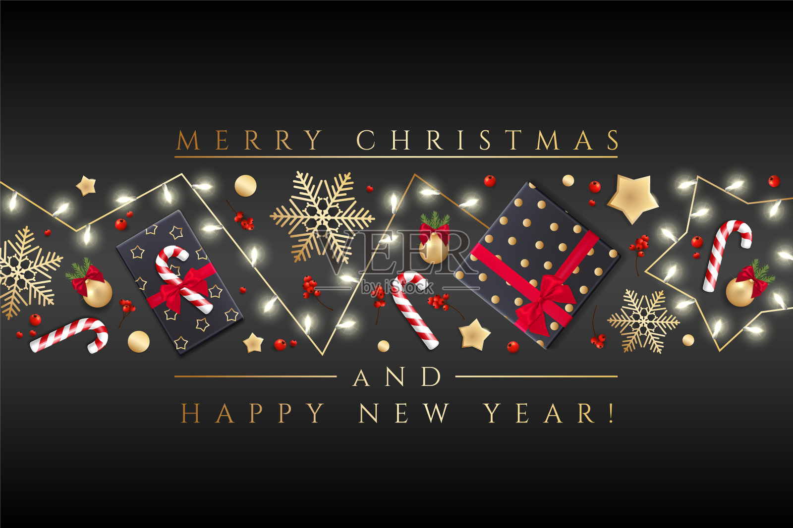 圣诞贺卡的节日背景与现实的彩色花环的松树树枝，装饰着圣诞灯，金色的星星，雪花设计模板素材
