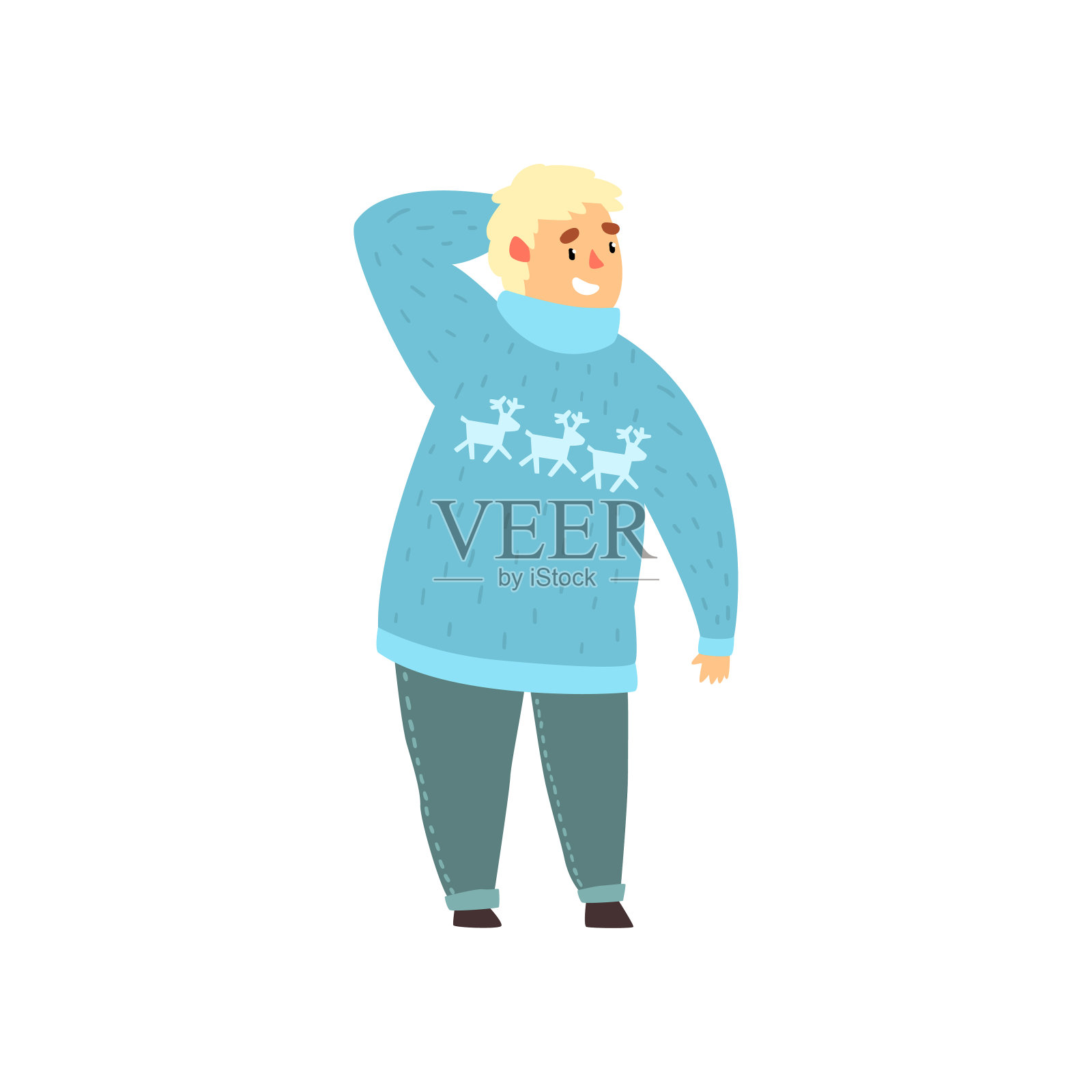 英俊的胖子穿着蓝色毛衣配鹿和牛仔裤，胖子穿着时尚的衣服，身体正矢量插图在白色的背景插画图片素材