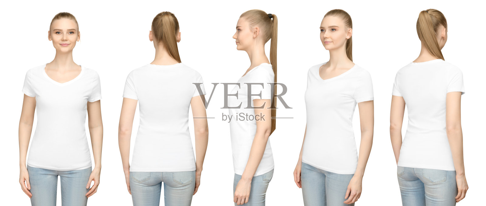 设置宣传姿势女孩在空白白色t恤模型设计打印和概念模板年轻女子在t恤正面和侧面背面视图孤立的白色背景与剪切路径照片摄影图片