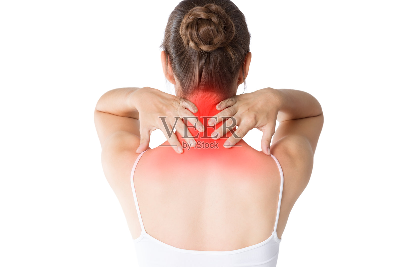颈部疼痛，女性背部疼痛孤立在白色背景照片摄影图片