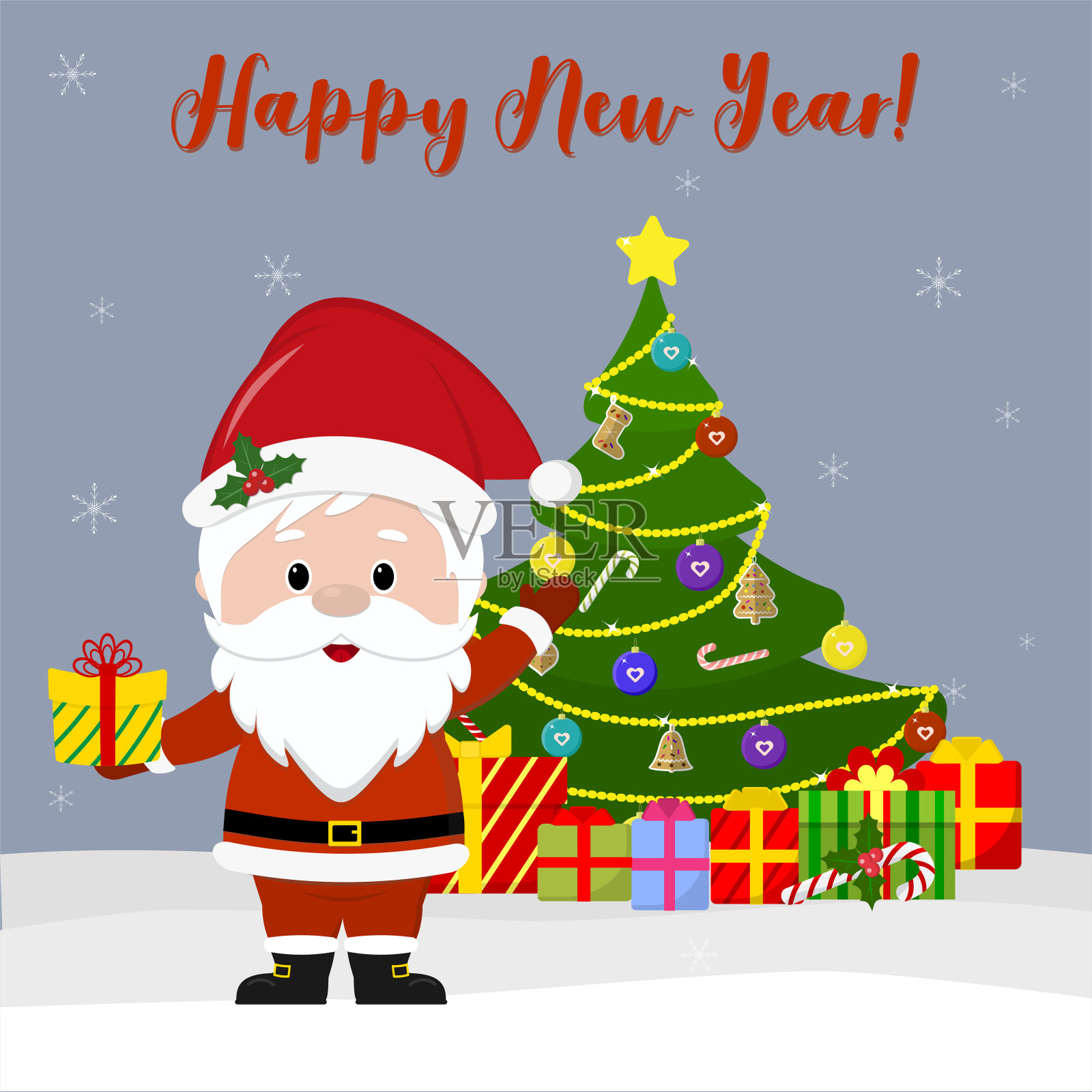 新年快乐，圣诞贺卡快乐。可爱的圣诞老人拿着礼物，旁边的圣诞树和盒子里放着礼物，在冬天的雪花背景下。卡通风格,向量设计模板素材