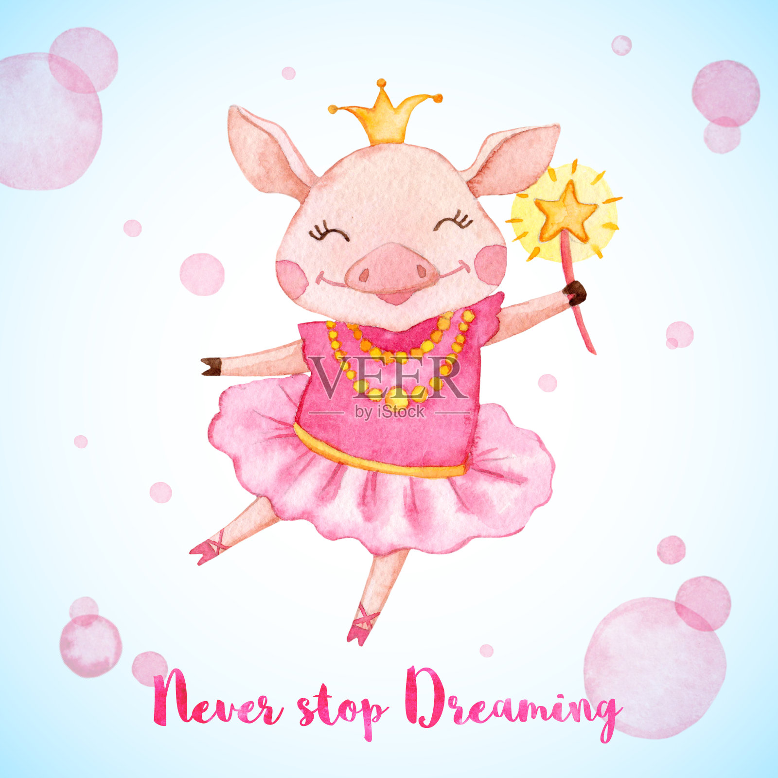 水彩贺卡与可爱的芭蕾舞猪。插画图片素材