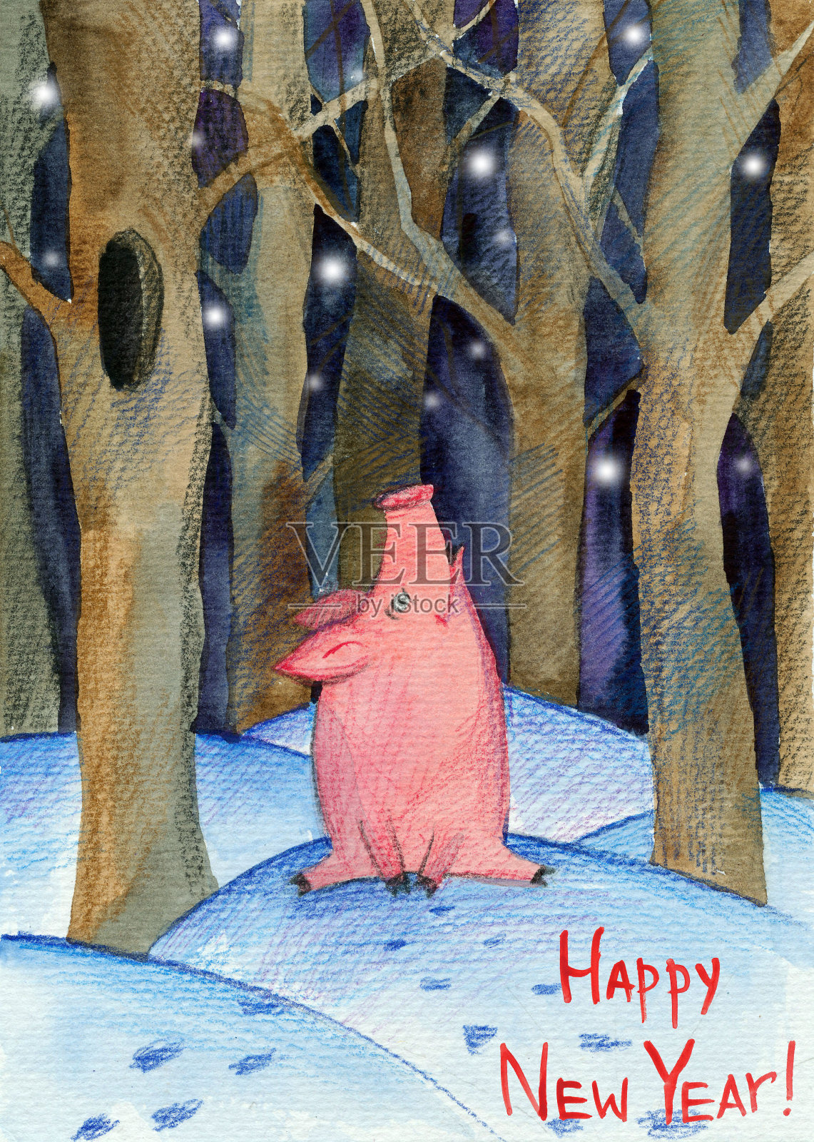 水彩明信片新年快乐。猪坐在冬天的雪地里，冬天的森林里的夜晚设计模板素材