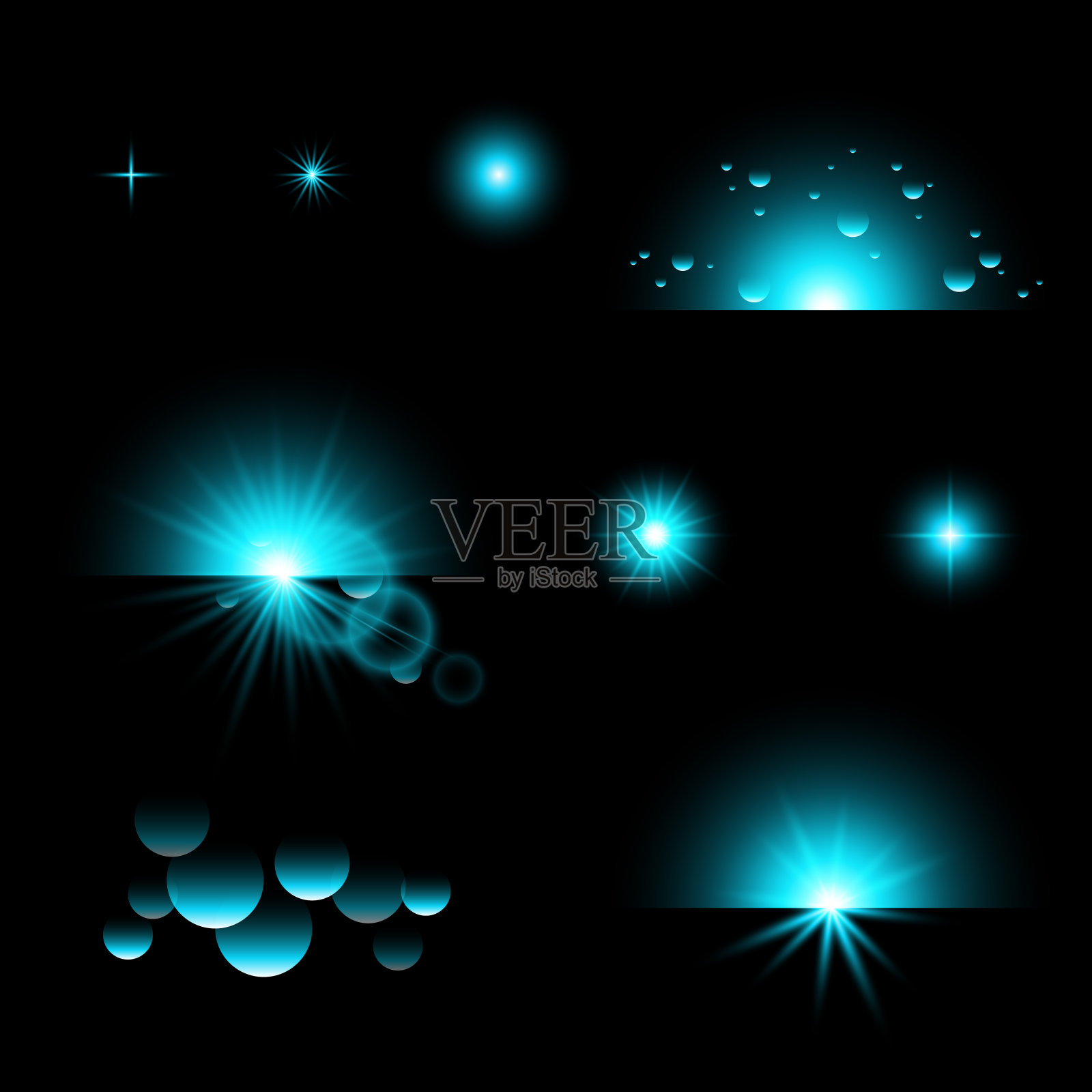 一组蓝色闪亮的闪光组成和灯光效果。孤立在黑色。插画图片素材