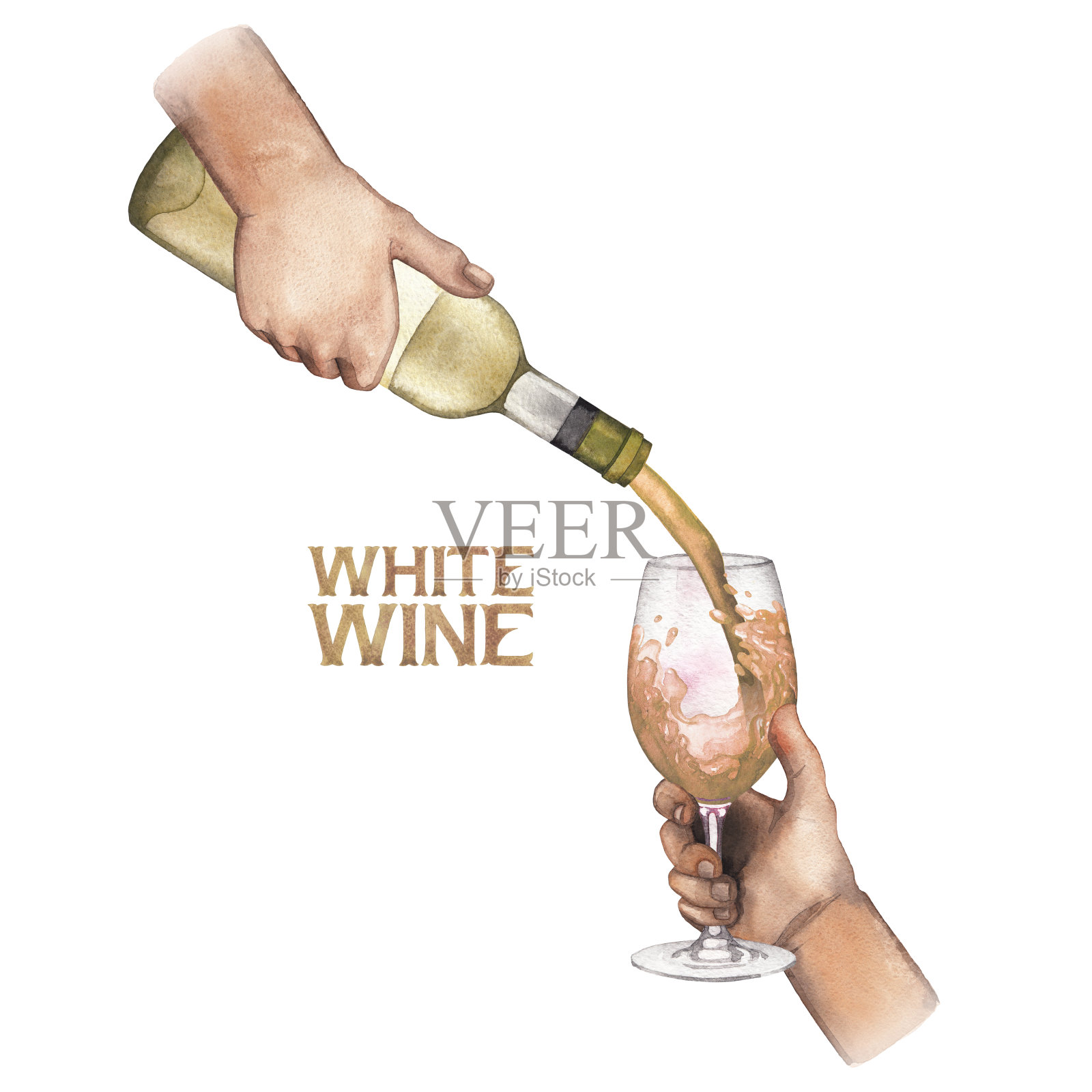 水彩手将白葡萄酒从瓶中倒入玻璃杯。插画图片素材