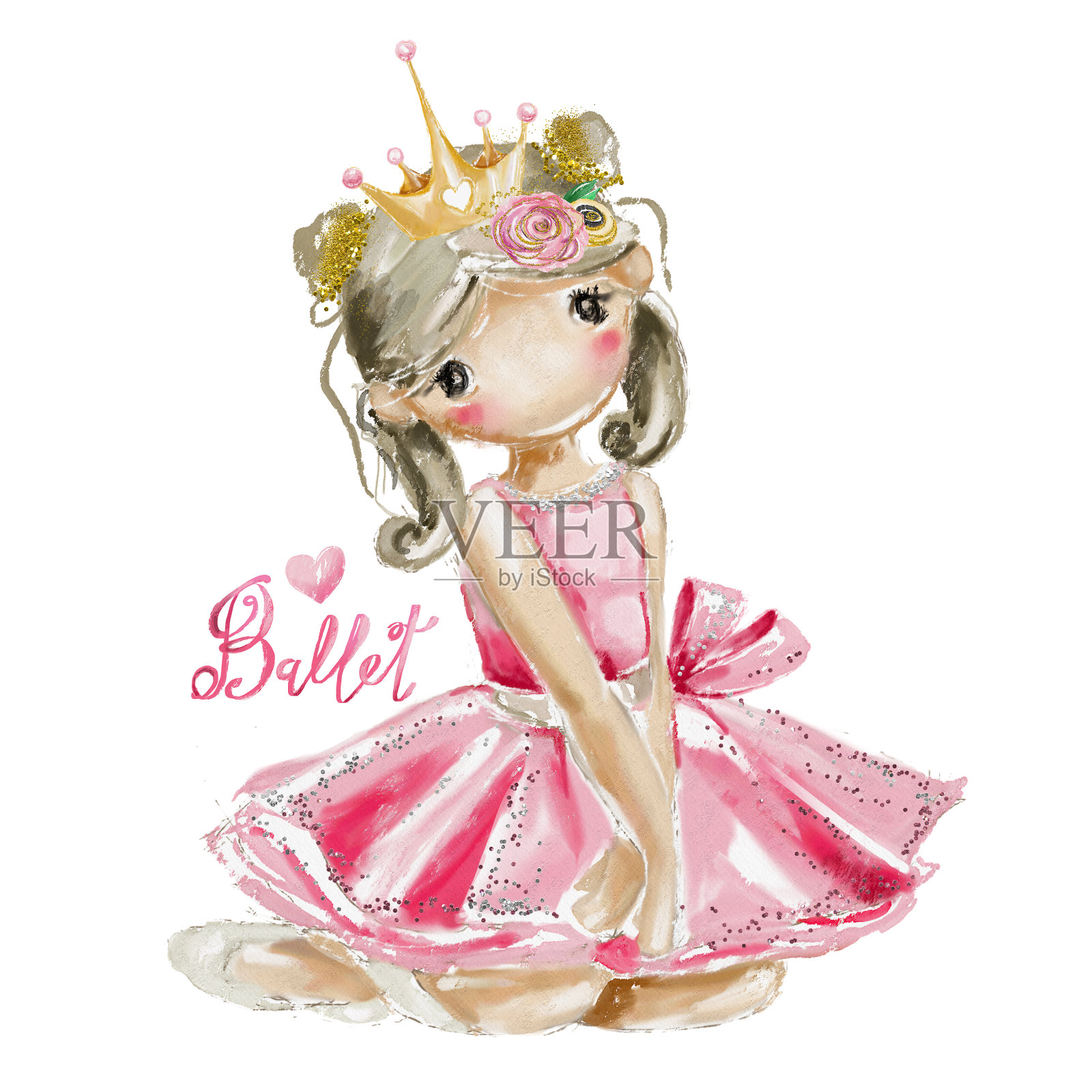 可爱的女孩水彩芭蕾舞公主。美丽的芭蕾舞演员戴着金光闪闪的皇冠插画图片素材