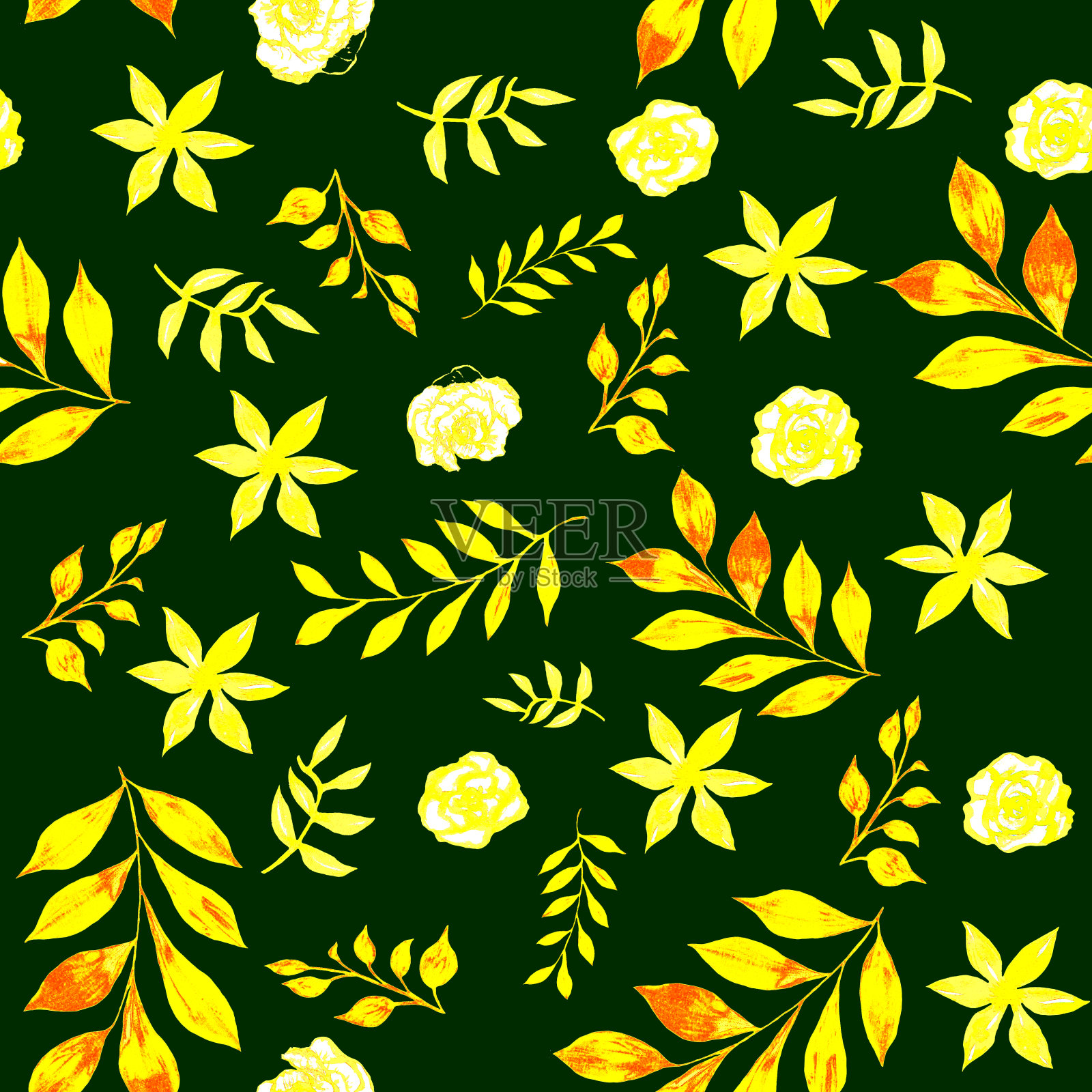 黄色的花和叶子用水彩画在绿色上插画图片素材