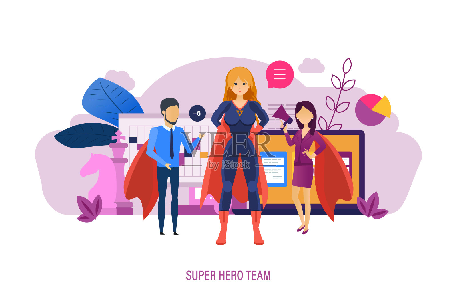 超级英雄团队。协作领导，拓展业务，团队业务领导。插画图片素材