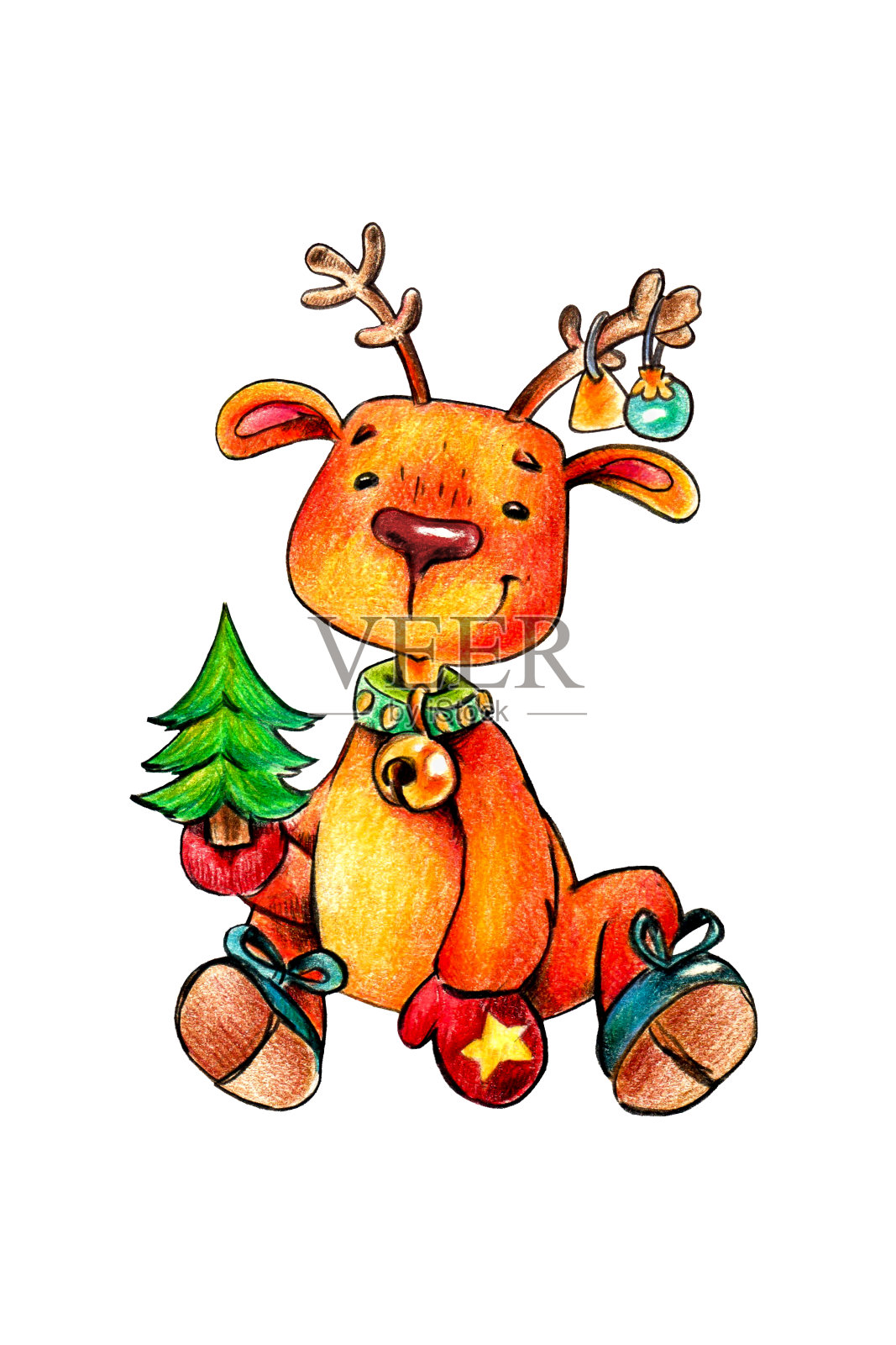 小马鹿手里拿着一棵圣诞树，犄角上挂着圣诞玩具插画图片素材