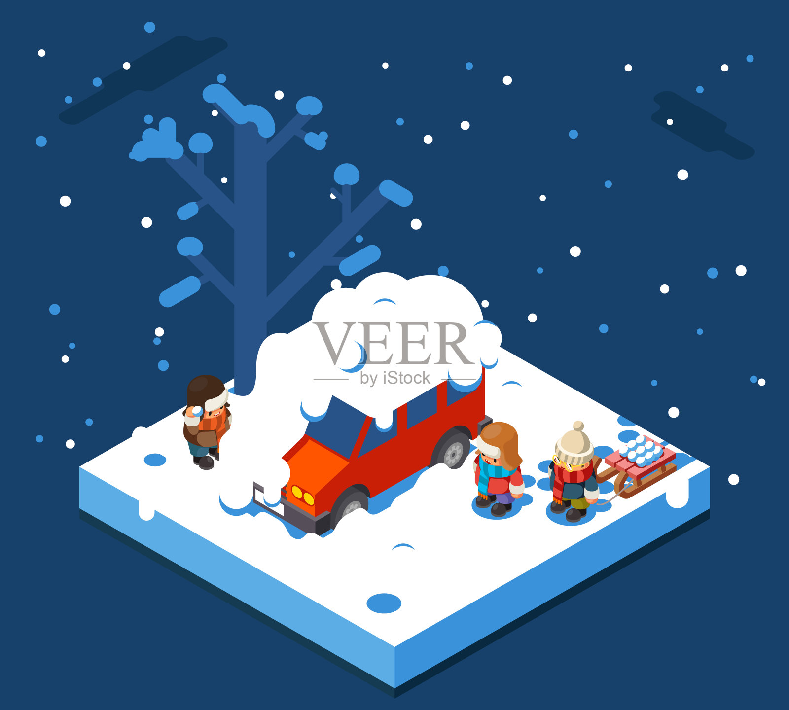 等距雪球冬季男孩步行雪橇雪背景平面设计矢量插图插画图片素材