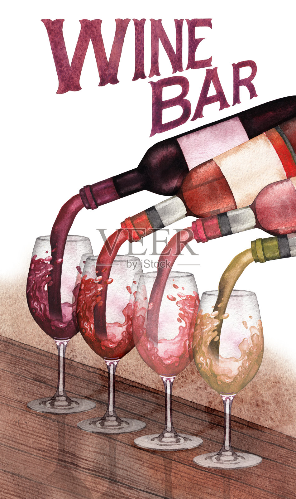 水彩红、白、玫瑰葡萄酒从瓶子倒进木桌上的玻璃杯里插画图片素材