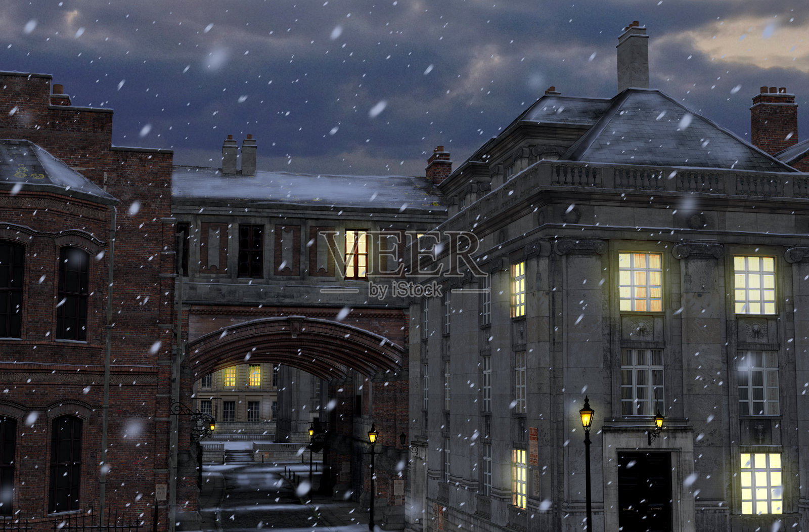 19世纪城市建筑的冬季街道照片摄影图片