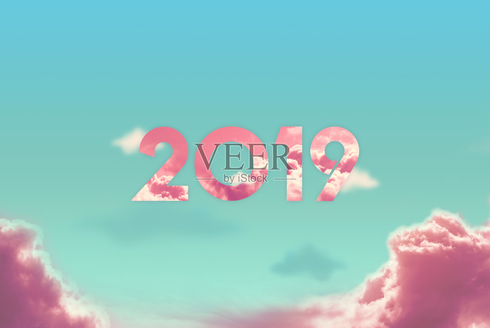 创意，新设计蓝色，粉色2019新年背景，彩云。贺卡……新年快乐。圣诞快乐。插画图片素材