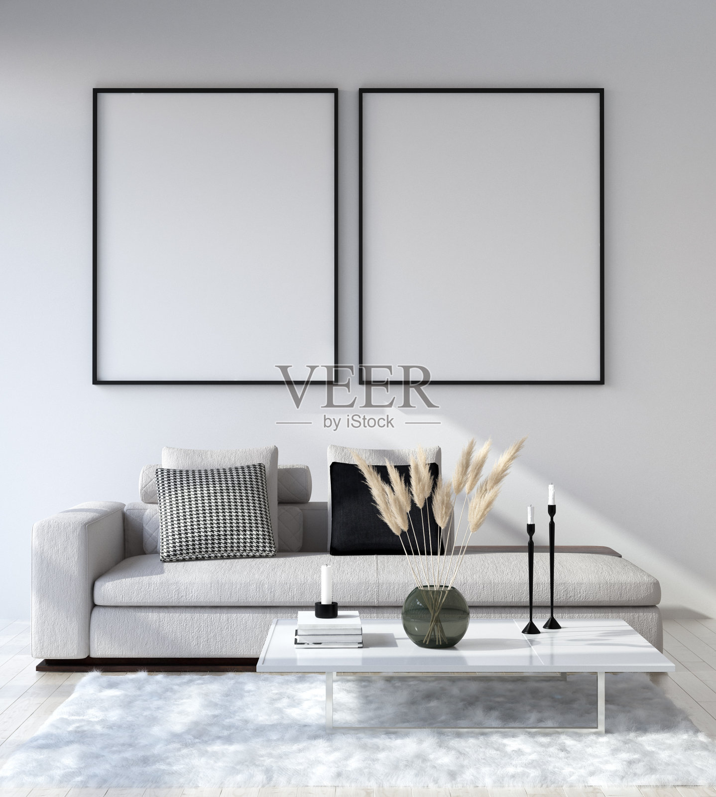 模拟海报框架在家庭室内背景，现代风格的客厅照片摄影图片