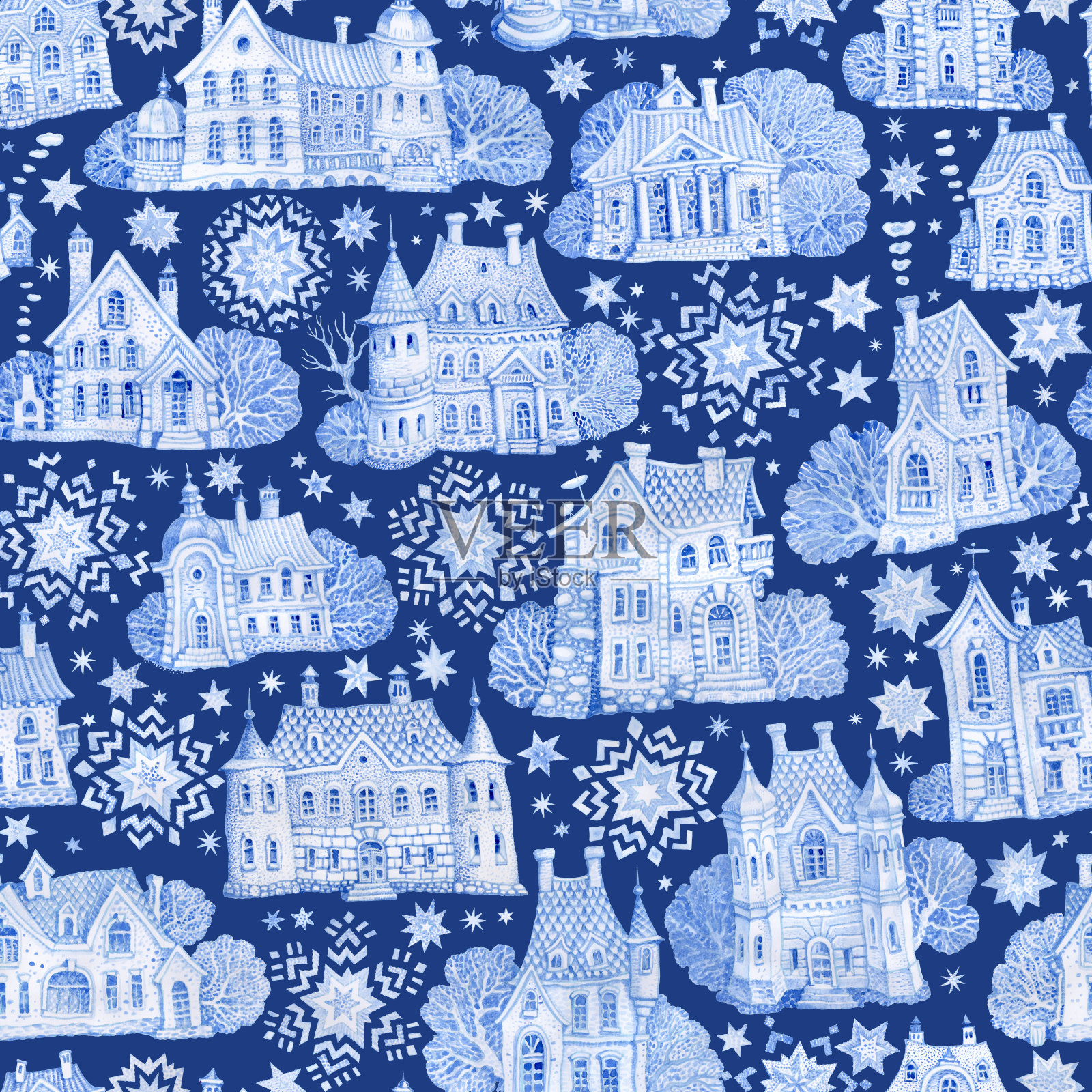 无缝图案的幻想建筑与圣诞星和雪花。手绘的蓝色水彩童话老城房子孤立在一个深蓝色的背景。冬季景观墙纸、包装纸插画图片素材
