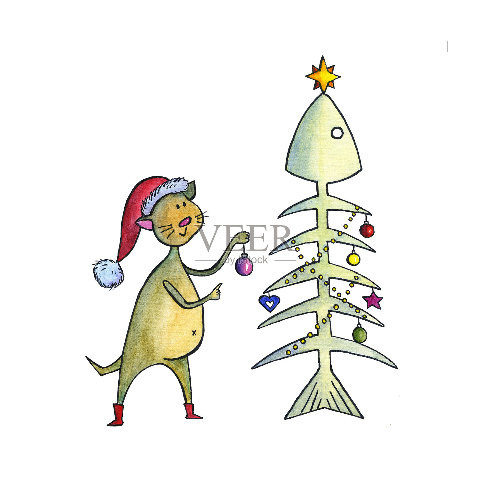 手绘有趣的猫装饰鱼骨圣诞树插画图片素材
