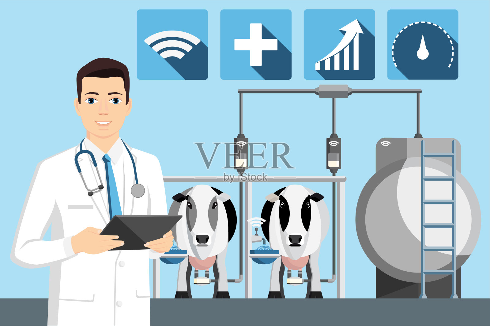 兽医在一个养牛场用数字平板电脑。插画图片素材