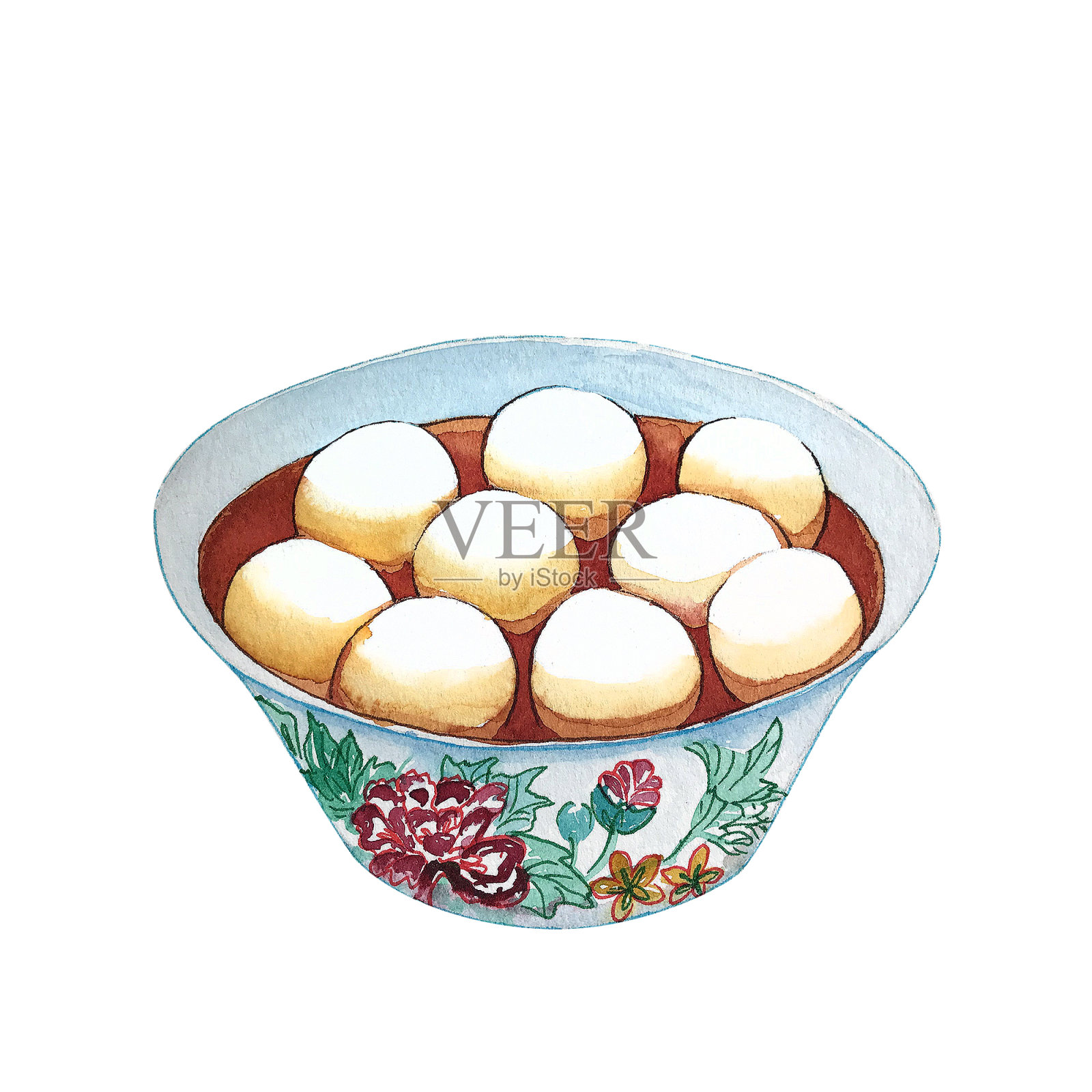 水彩碗的传统中国甜点汤圆。设计元素图片