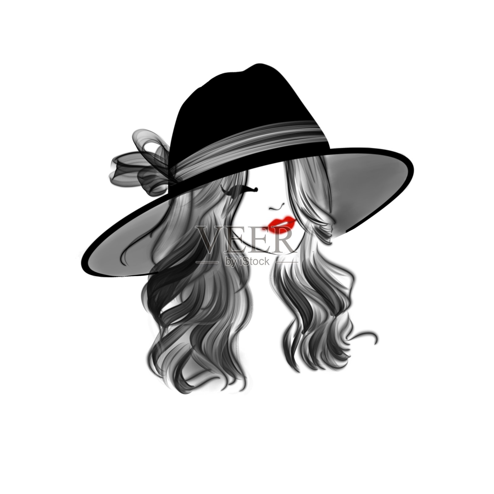 复古快乐的女孩与宽黑帽子插画图片素材