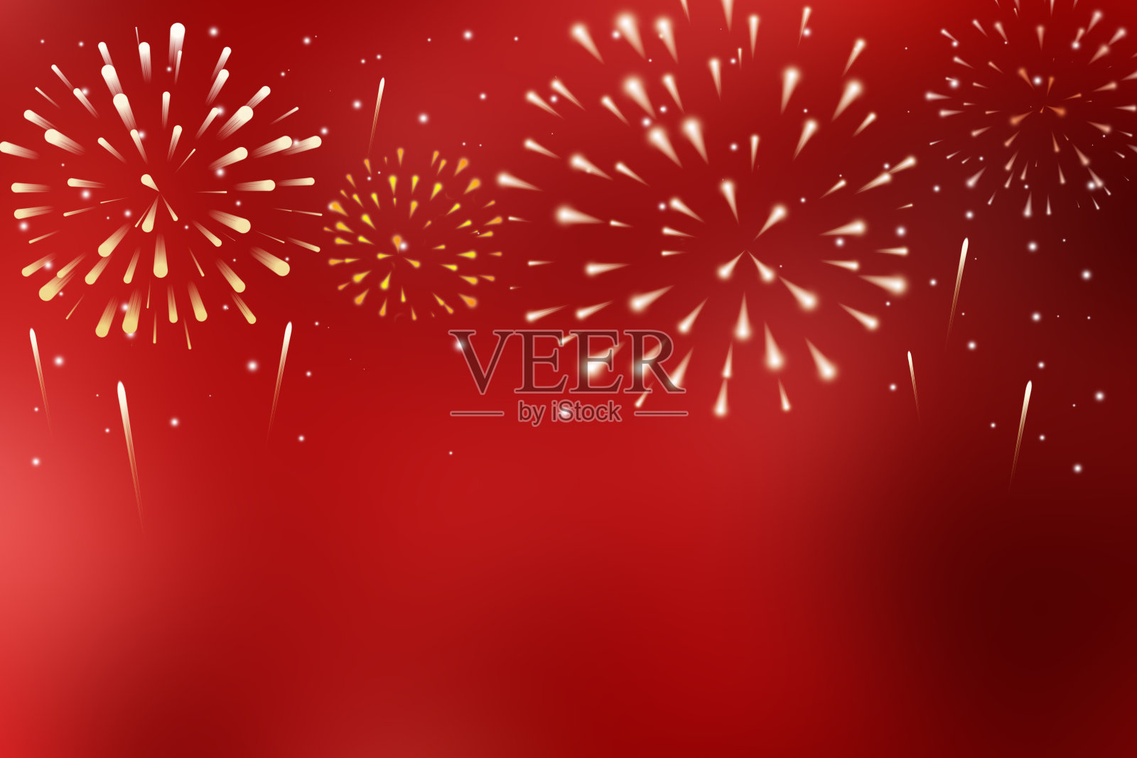 摘要:在红色渐变的背景上展示一组美丽的金色烟花，明亮的光，充满活力的色彩和掉落的火焰闪闪的五彩纸屑，庆祝关于2019年快乐中国新年的概念插画图片素材