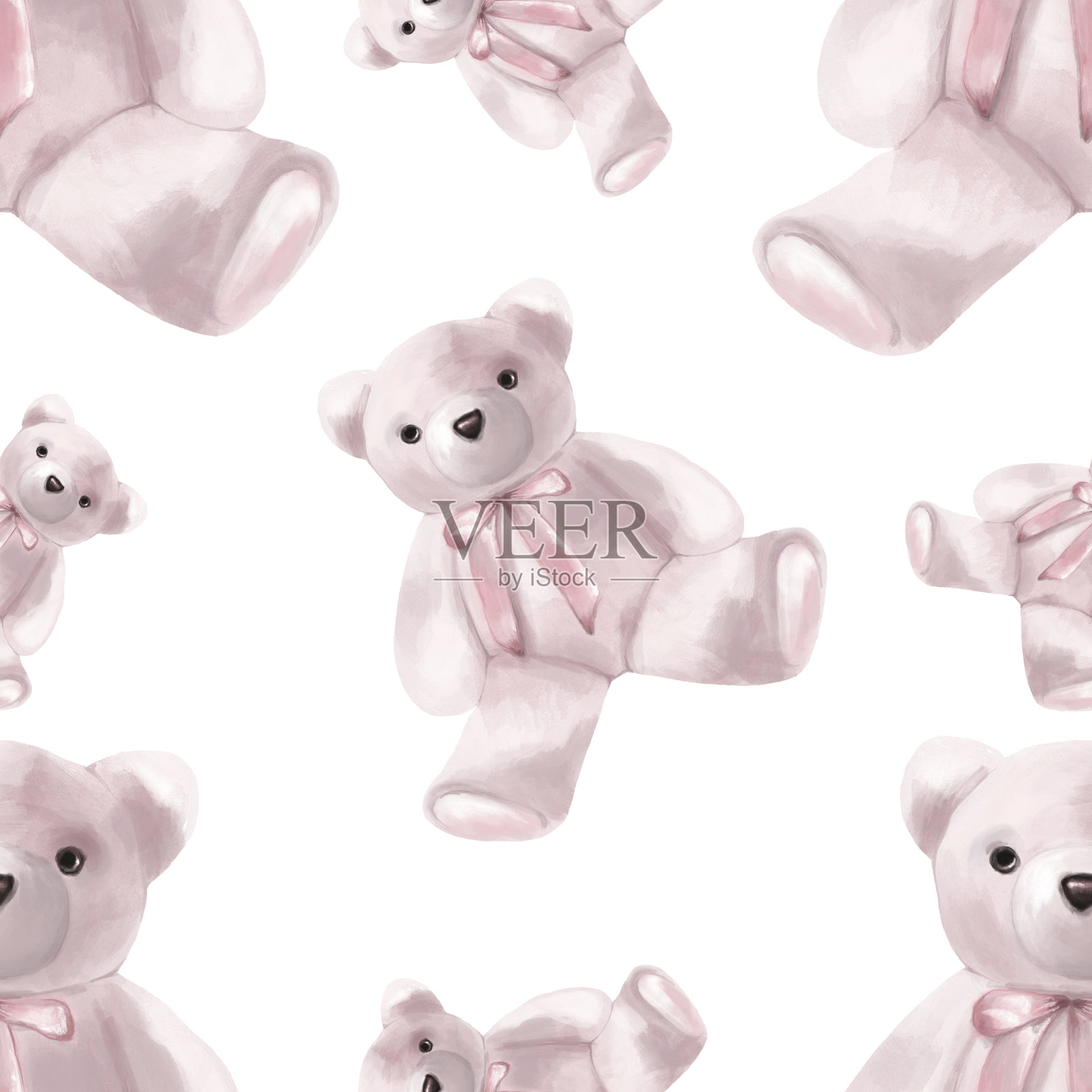 无缝模式。水彩风格绘制粉红色熊在平坦的白色背景插画图片素材