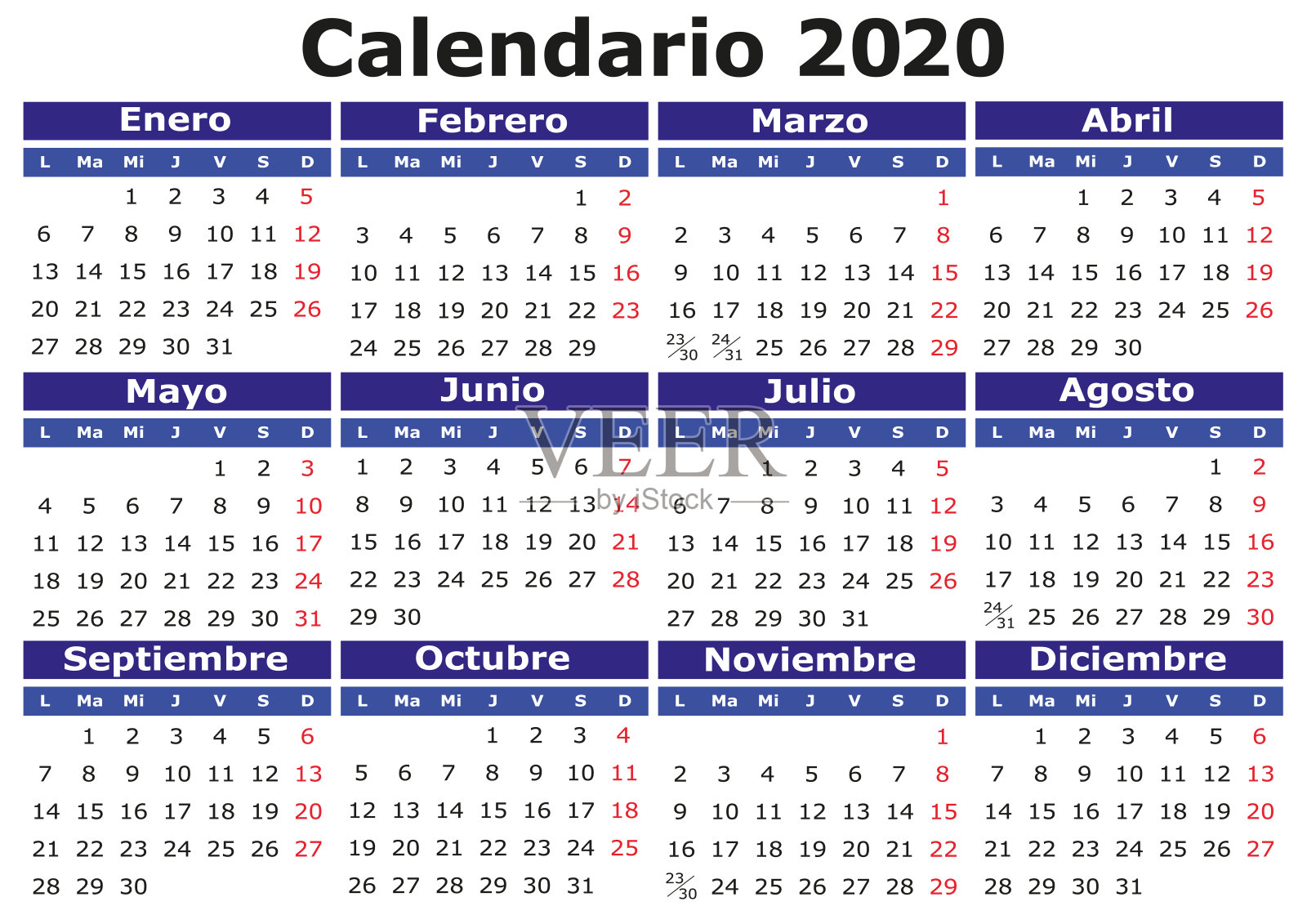 西班牙日历2020设计模板素材