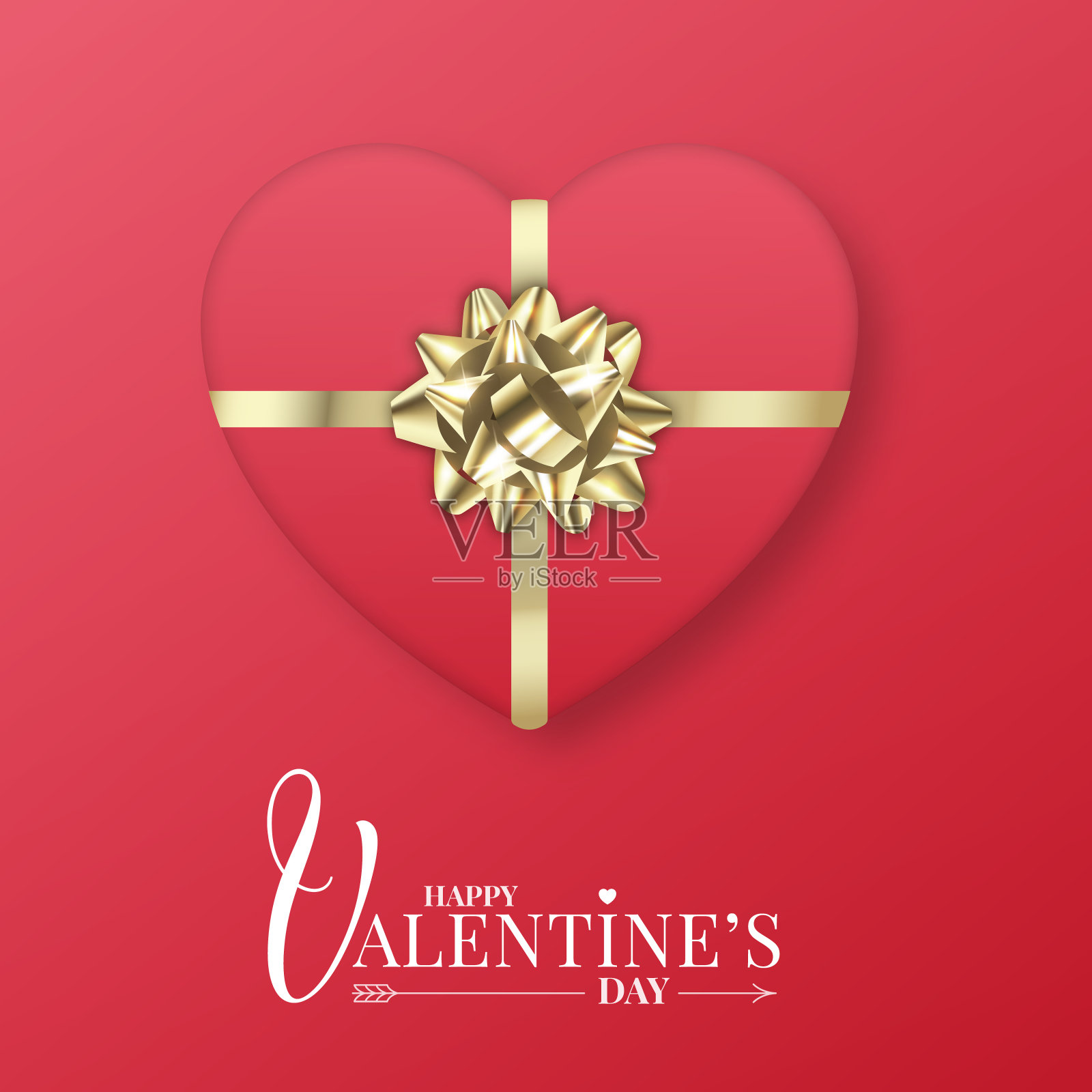 情人节礼物。现实的红色包装与金色的金属弓。情人节卡片插画图片素材