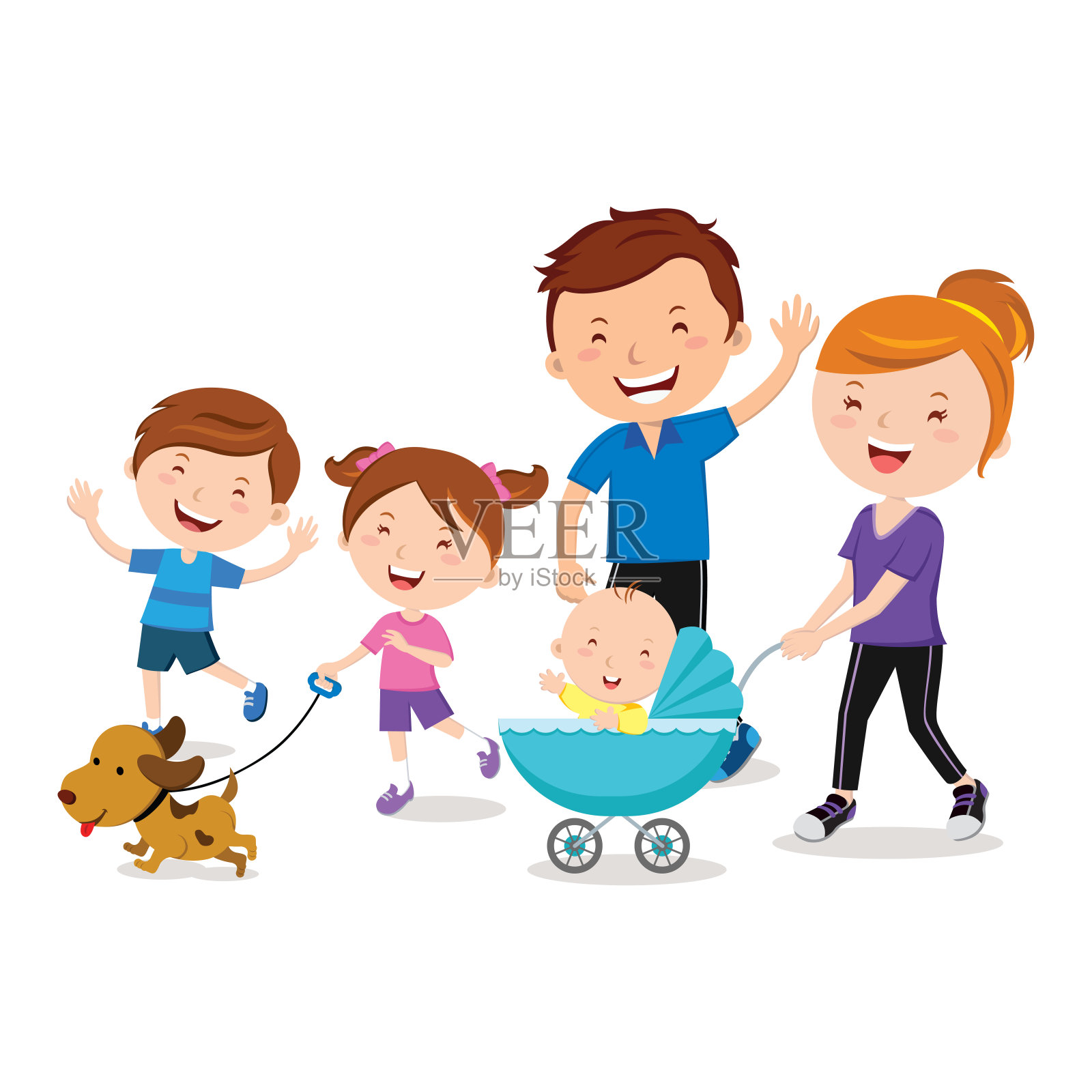 幸福的家庭散步与宠物狗和婴儿在婴儿车。插画图片素材
