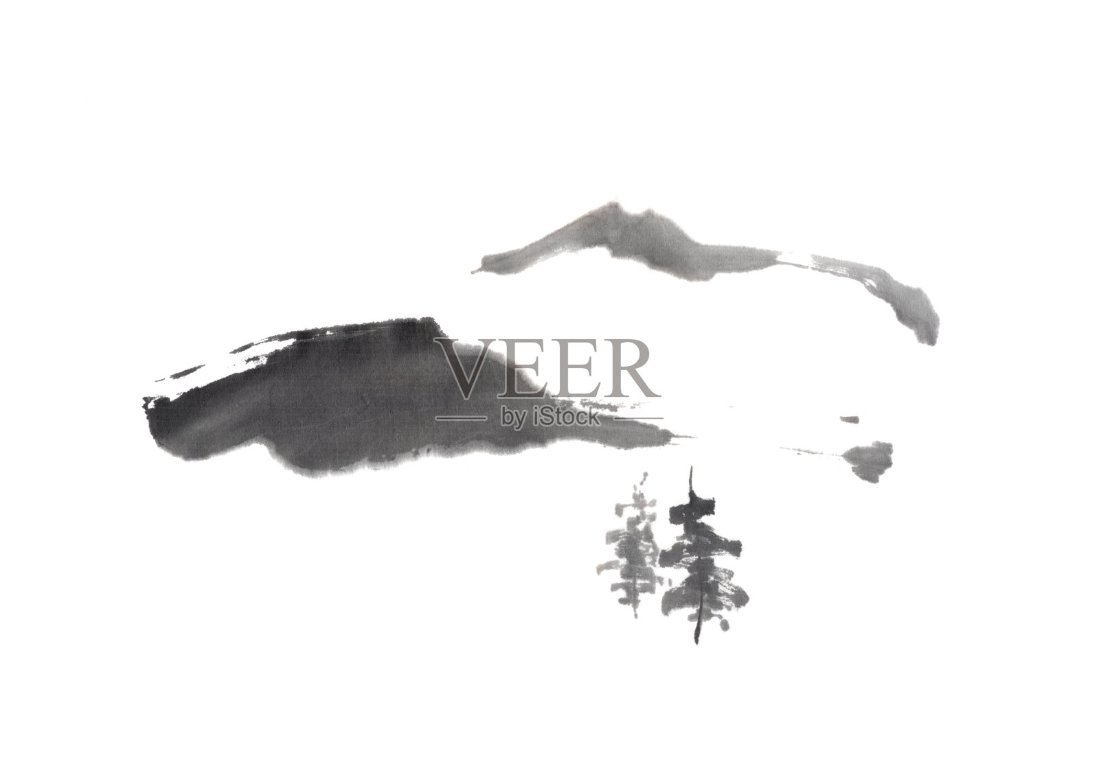 极简主义的冬季山水画，日本式sumi-e水墨画。插画图片素材