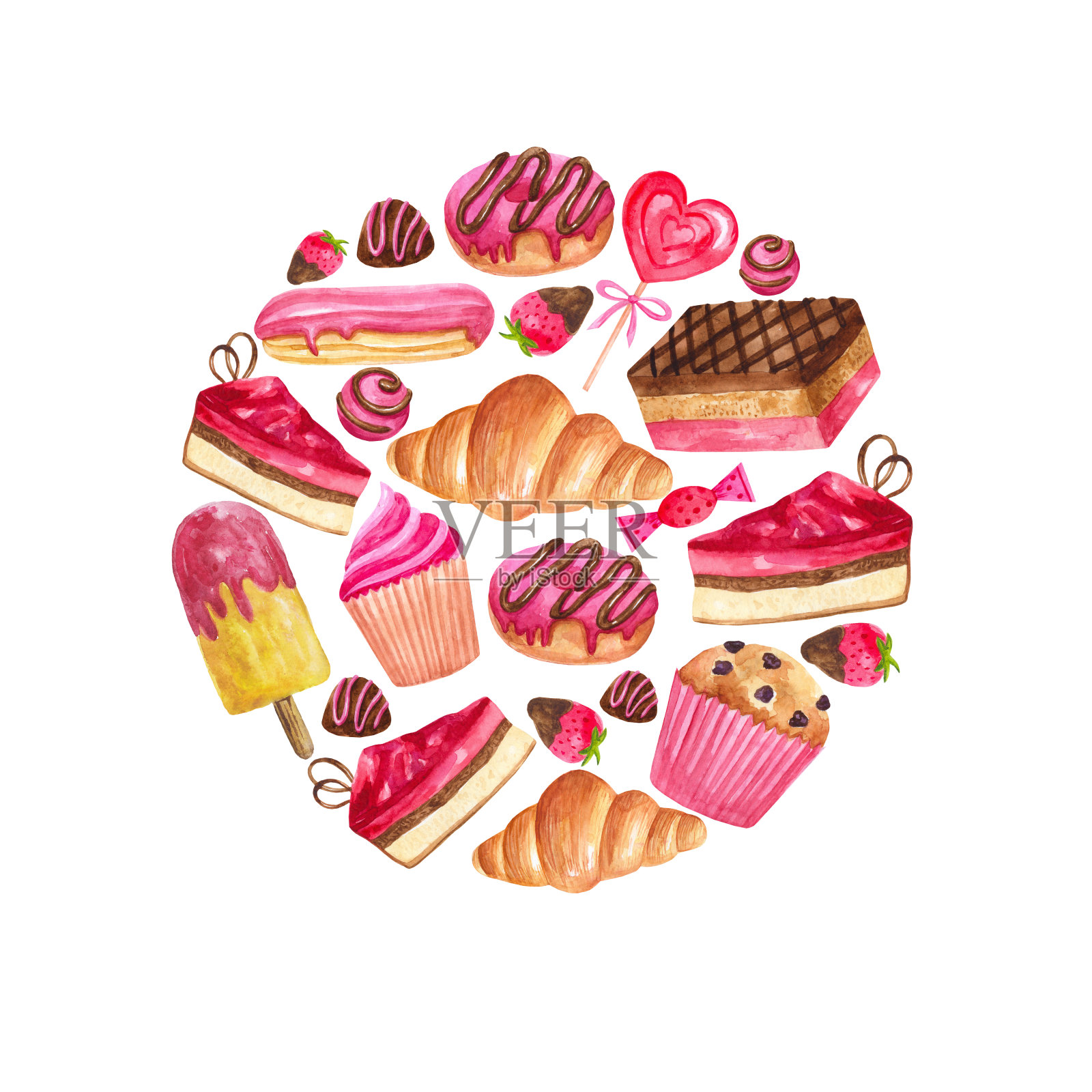 模板从水彩甜点和糕点的圆形形式:蛋糕，糕点，糖果，巧克力，泡芙，松饼，甜甜圈。插画图片素材