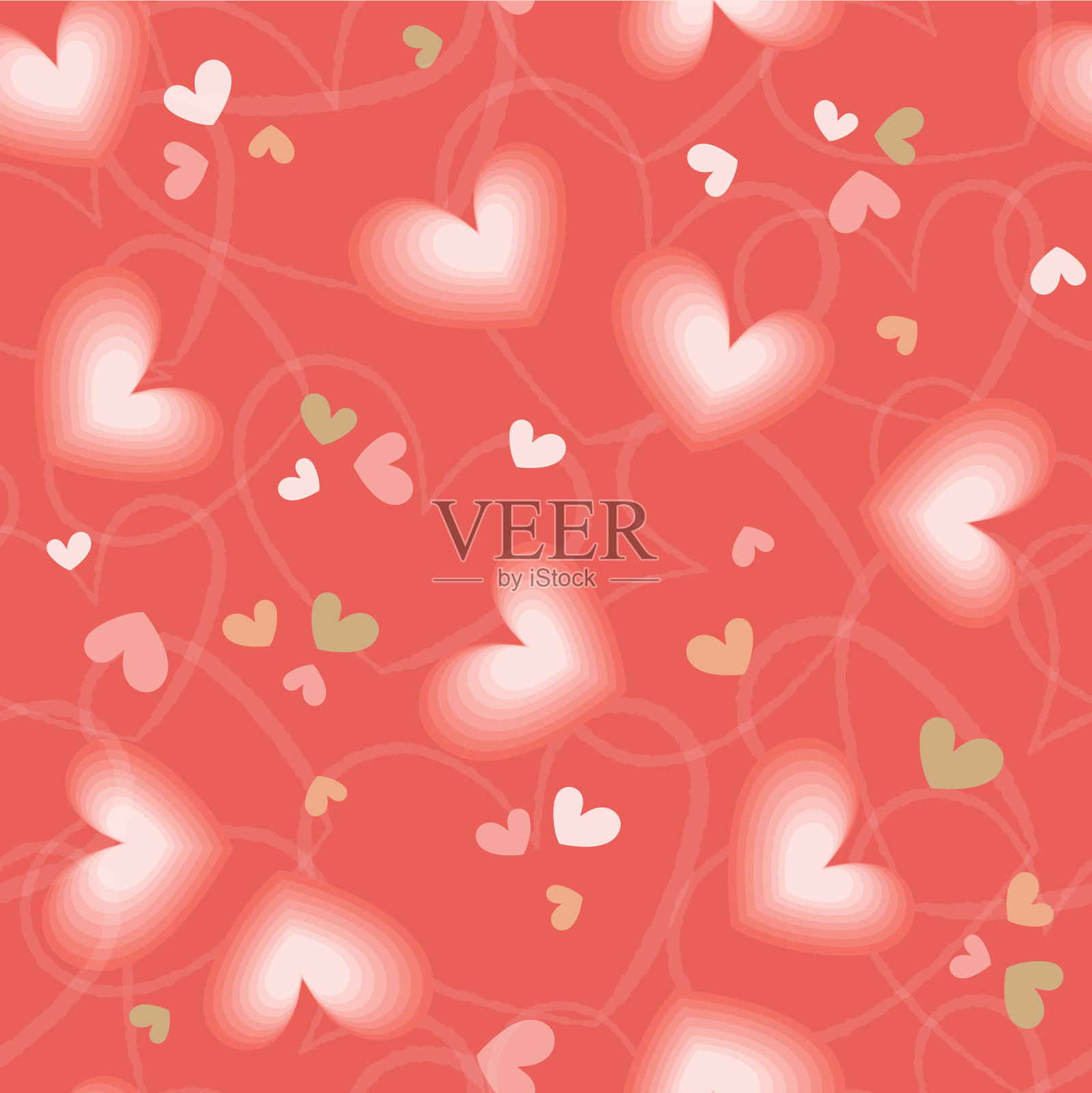 心无缝模式。简单的粉红色，金色的心型在珊瑚橙色的背景。平面向量的纹理。插画图片素材