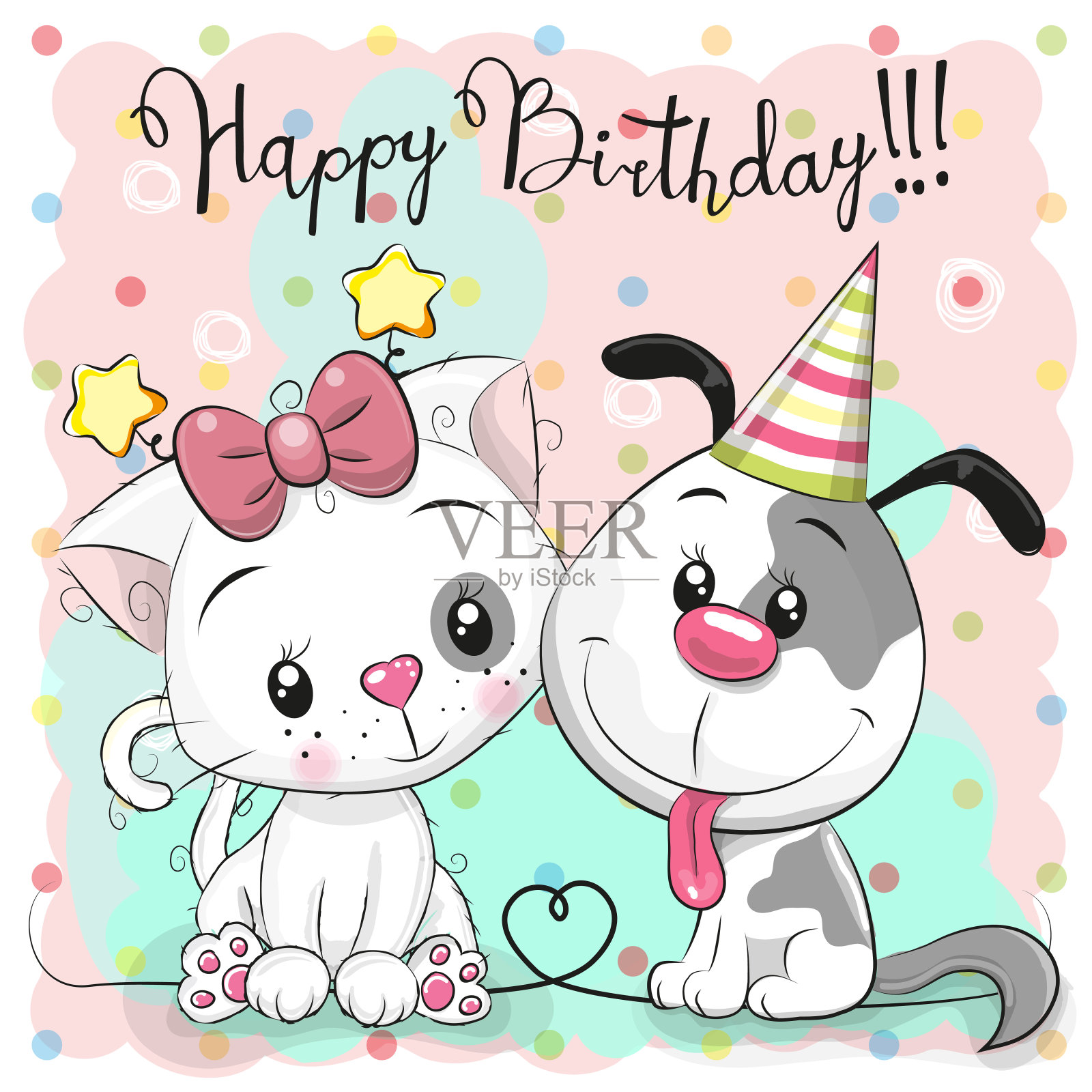 生日贺卡上有可爱的猫和狗插画图片素材