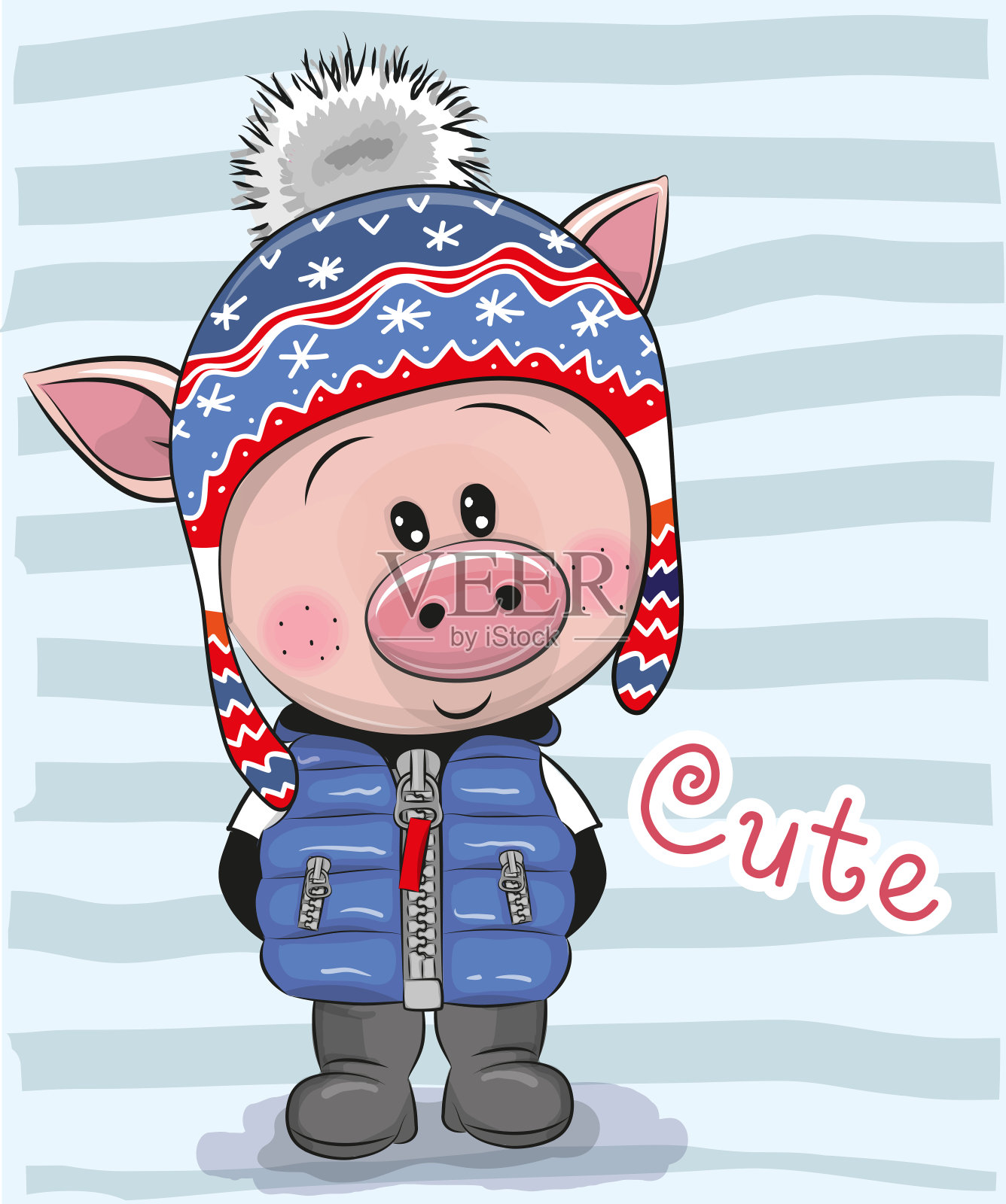 可爱的卡通猪男孩在帽子和外套设计元素图片