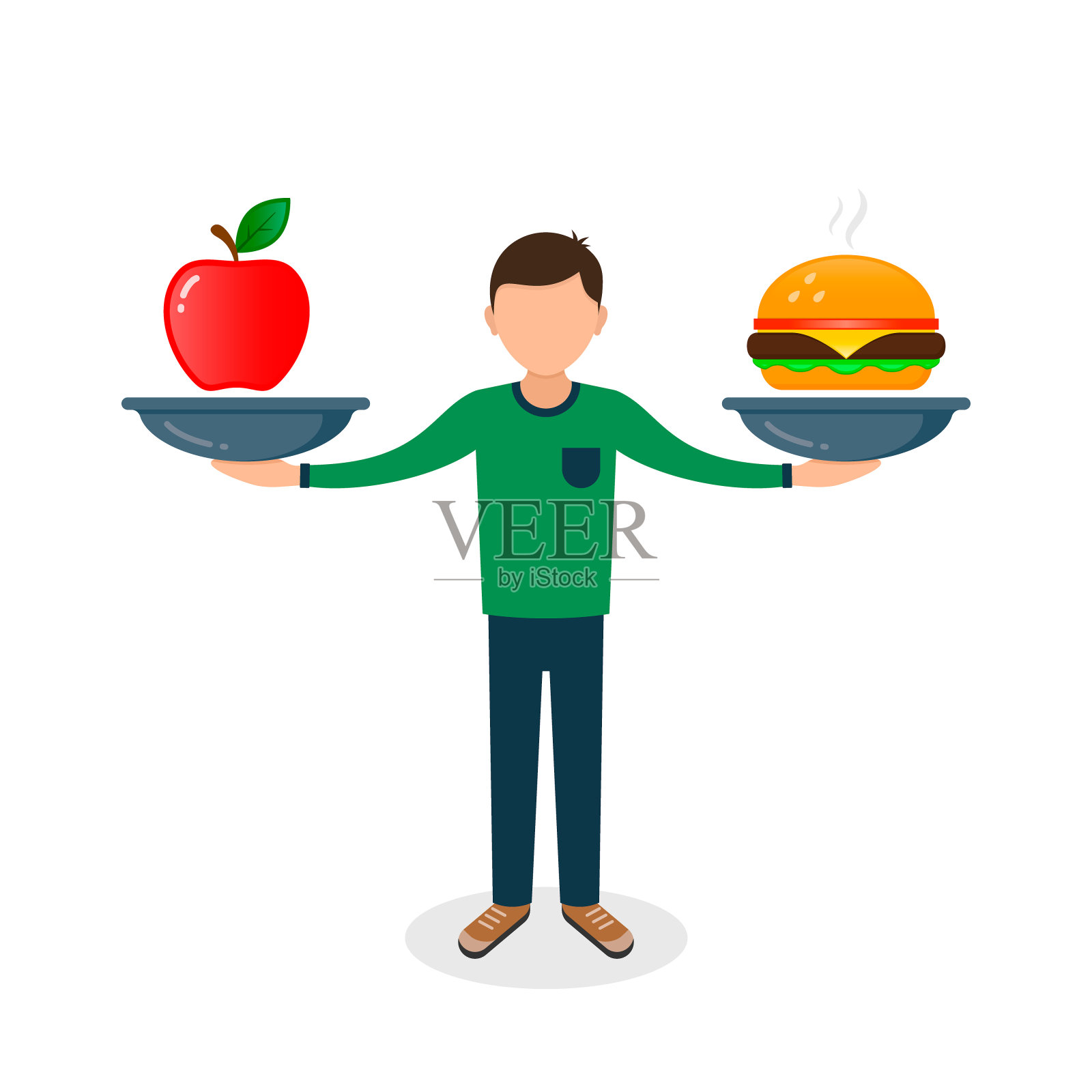 男人在天平上平衡快餐和苹果健康食品。减肥饮食营养，健身养生理念。矢量图设计元素图片