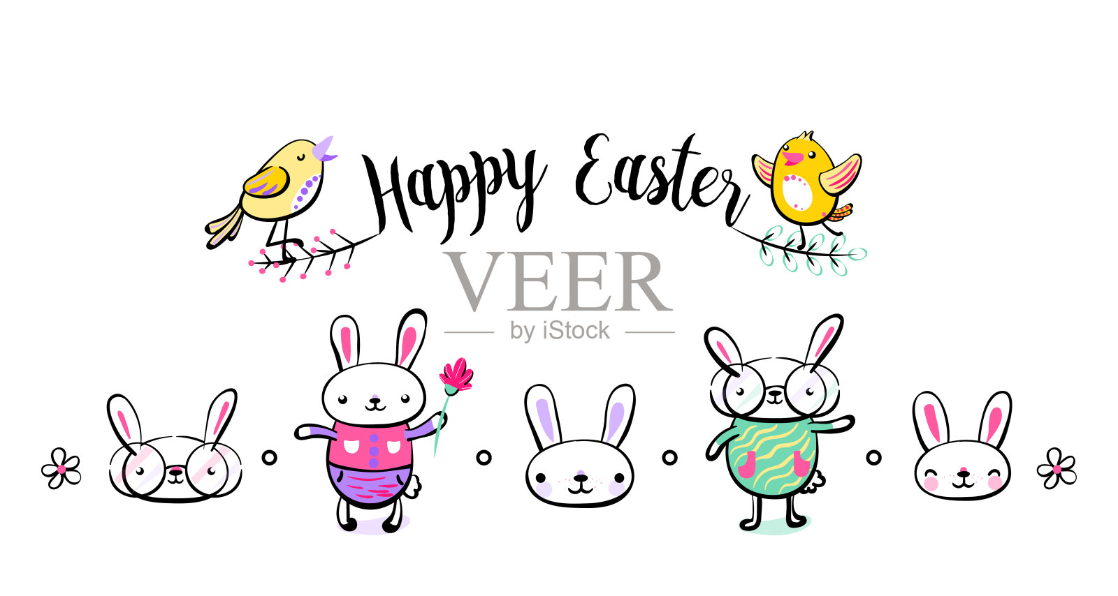 复活节快乐贺卡，海报，可爱，甜蜜，酷的兔子和小鸡的角色。矢量插图在手绘草图轮廓风格插画图片素材