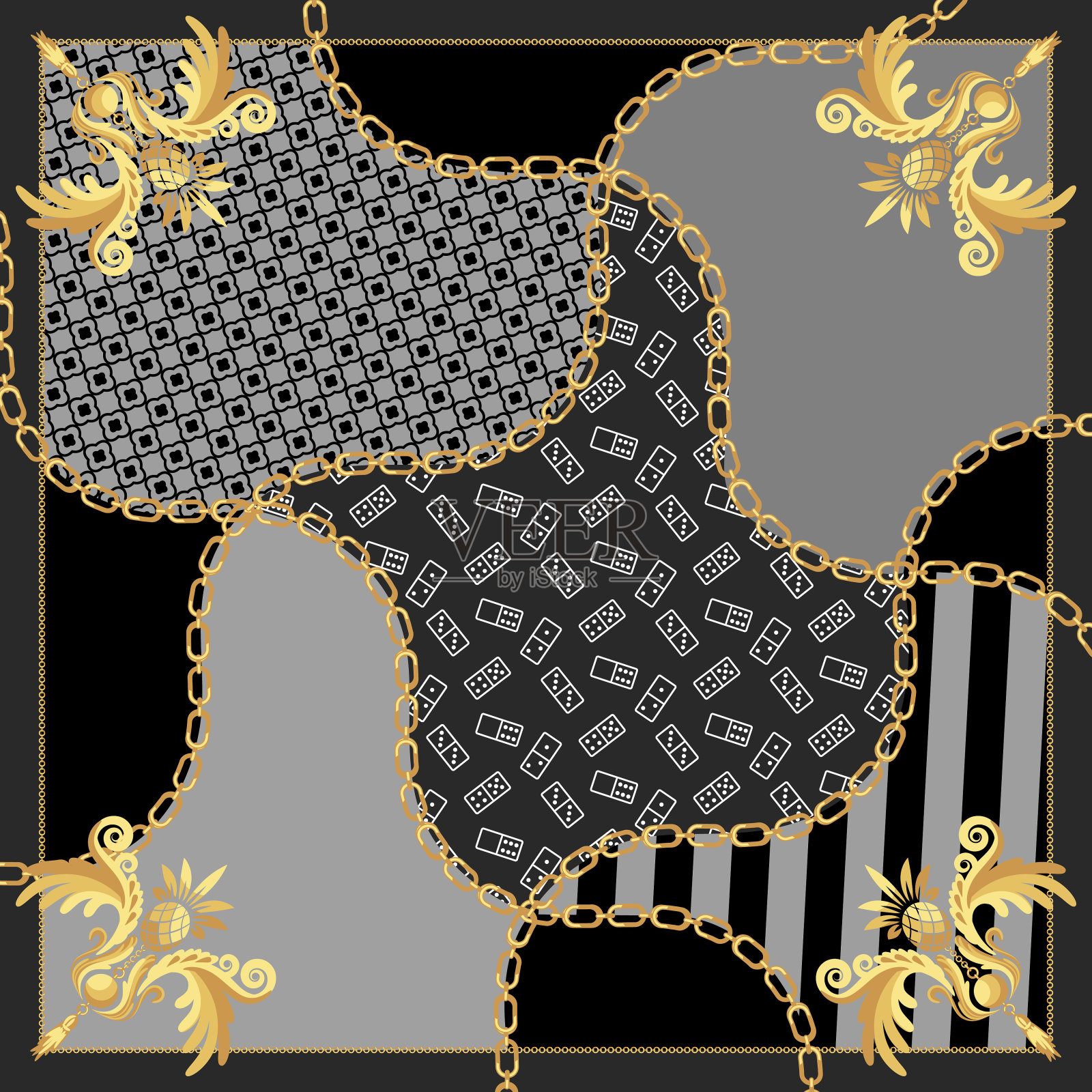丝绸围巾金链复古巴洛克设计矢量。插画图片素材