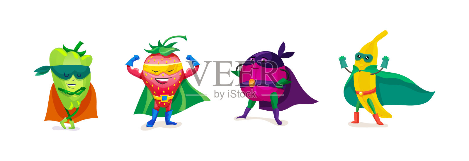 穿着超级英雄服装的搞笑卡通水果和蔬菜，素食。插画图片素材