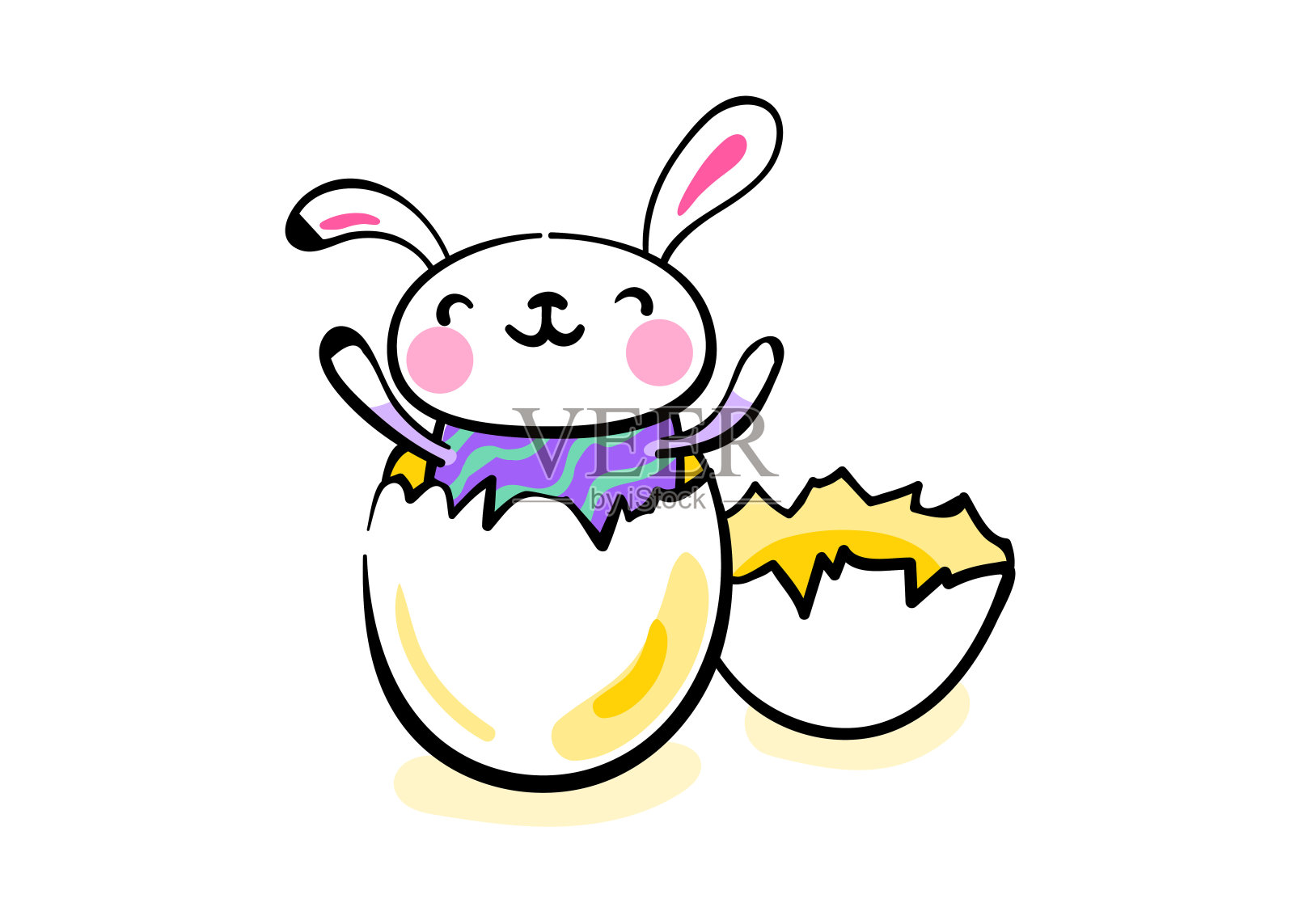 快乐的复活节问候背景与可爱的微笑复活节兔子在破蛋。矢量插图在手绘草图轮廓时髦的风格。孤立在白色背景下插画图片素材