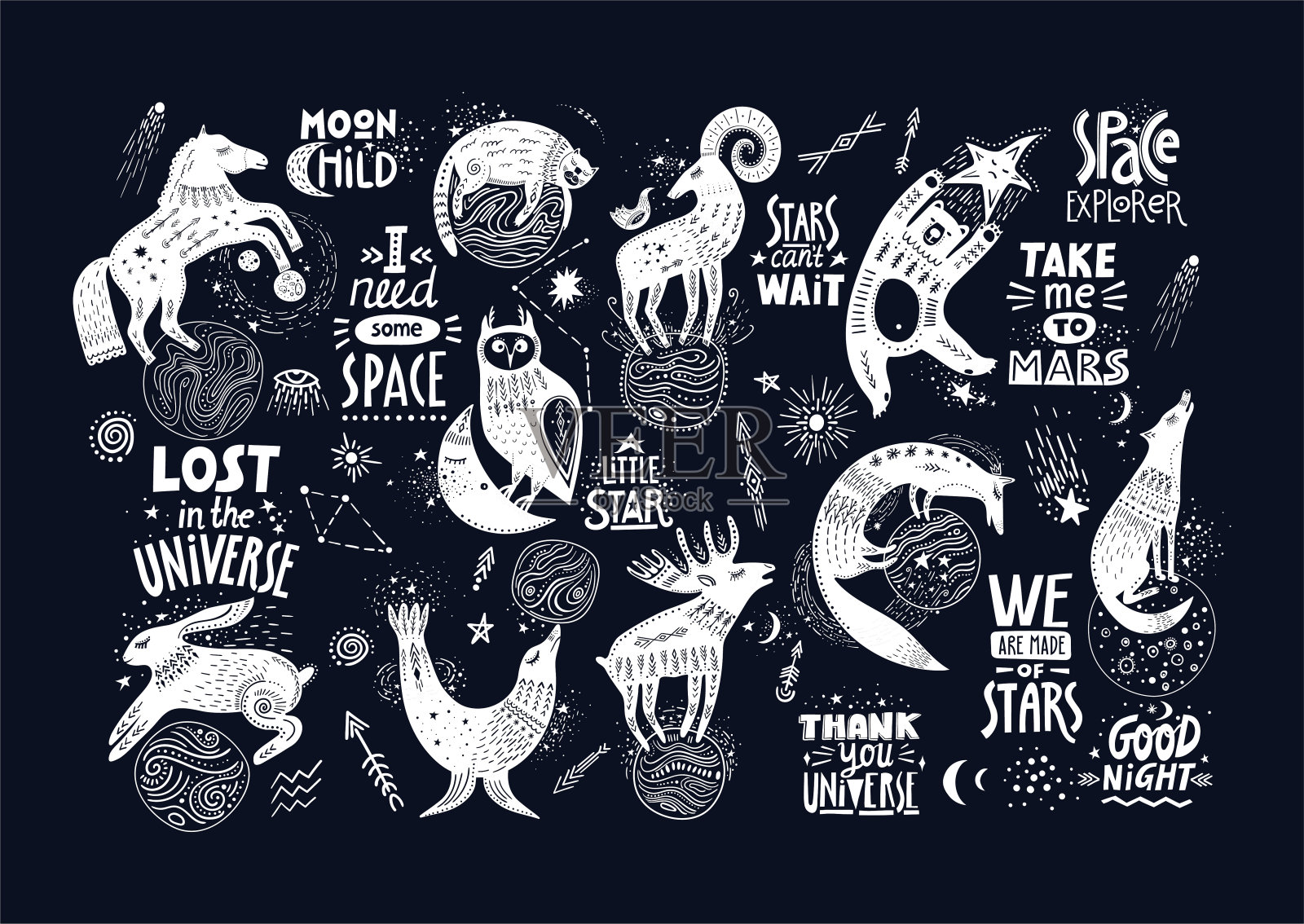 矢量手绘插图与字母。黑色背景上的各种神奇动物和宇宙名言。插画图片素材