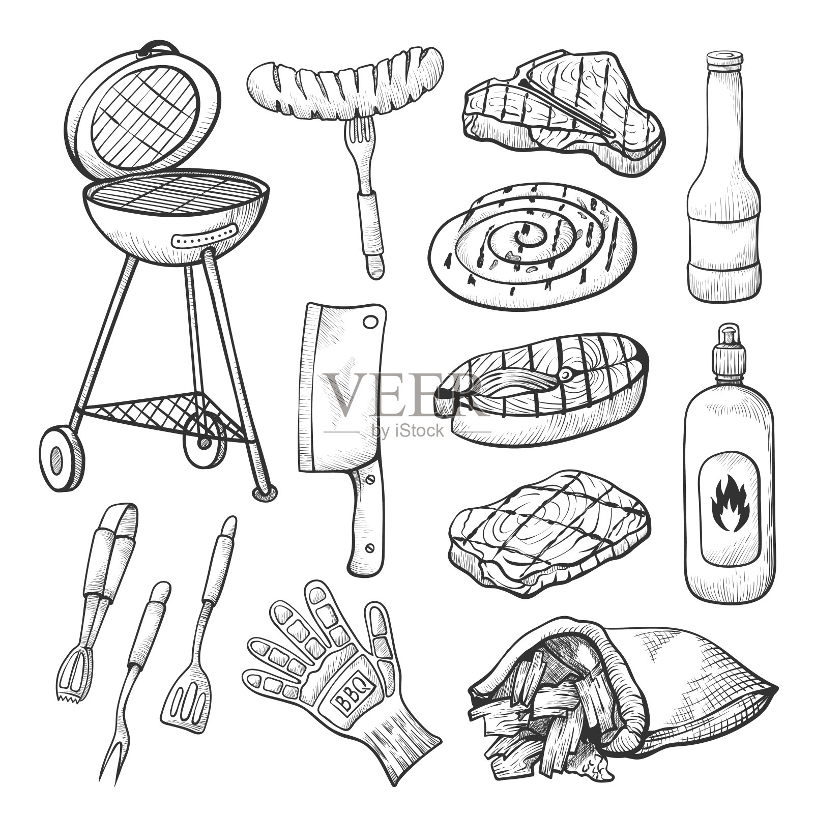 烧烤小品，一套烧烤和烧烤工具插画图片素材