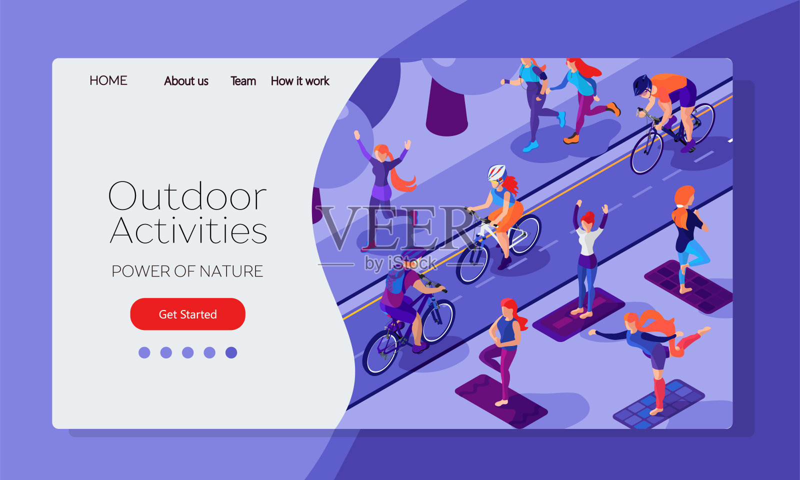 健康生活方式设计网页模板。人们在城市公园做早操，骑自行车，跑步。等角平面插图插画图片素材