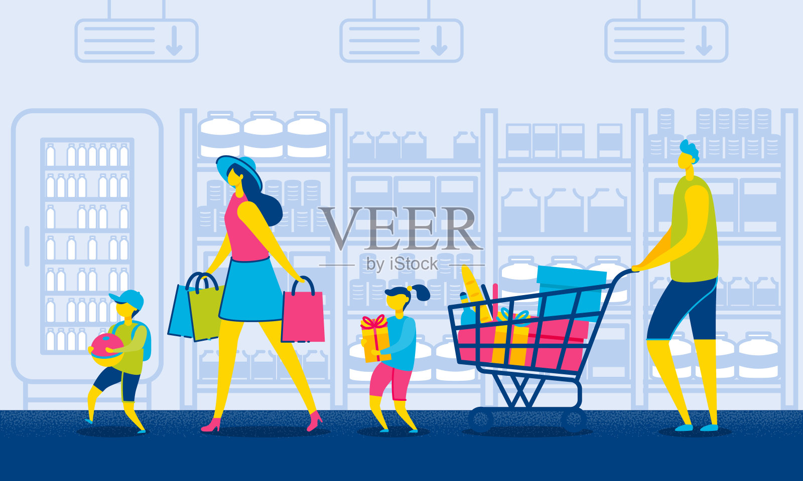 购物中心的家庭与购物车消费主义。插画图片素材