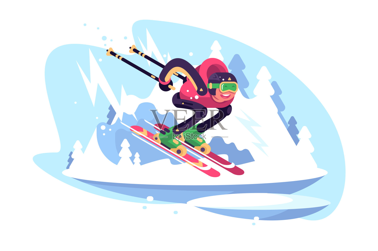 蓝天下，快乐的人在山上滑雪插画图片素材